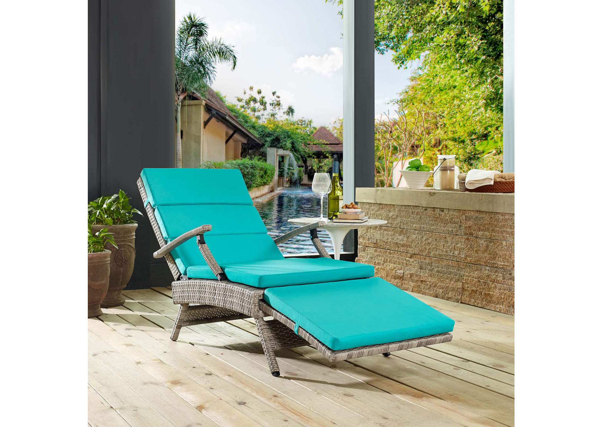 Light Gray Turquoise Envisage Chaise Outdoor Patio Wicker Rattan Lounge Chair,Modway