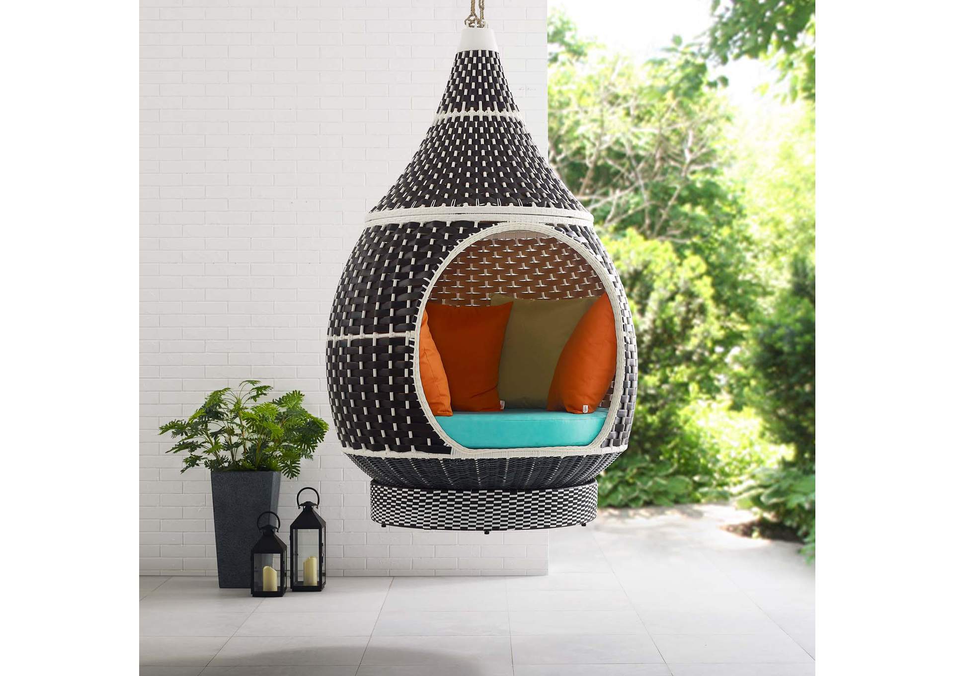 Brown Turquoise Palace Outdoor Patio Wicker Rattan Hanging Pod,Modway