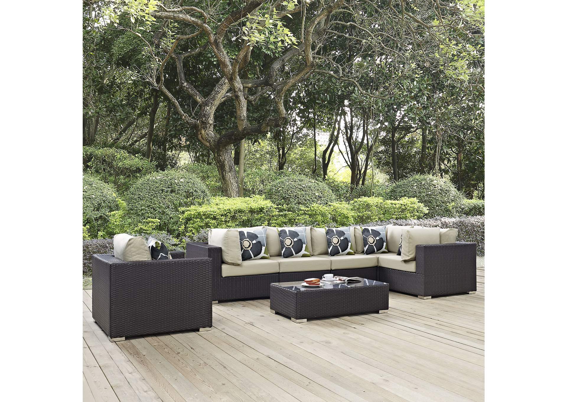 Espresso Beige Convene 7 Piece Outdoor Patio Sectional Set,Modway