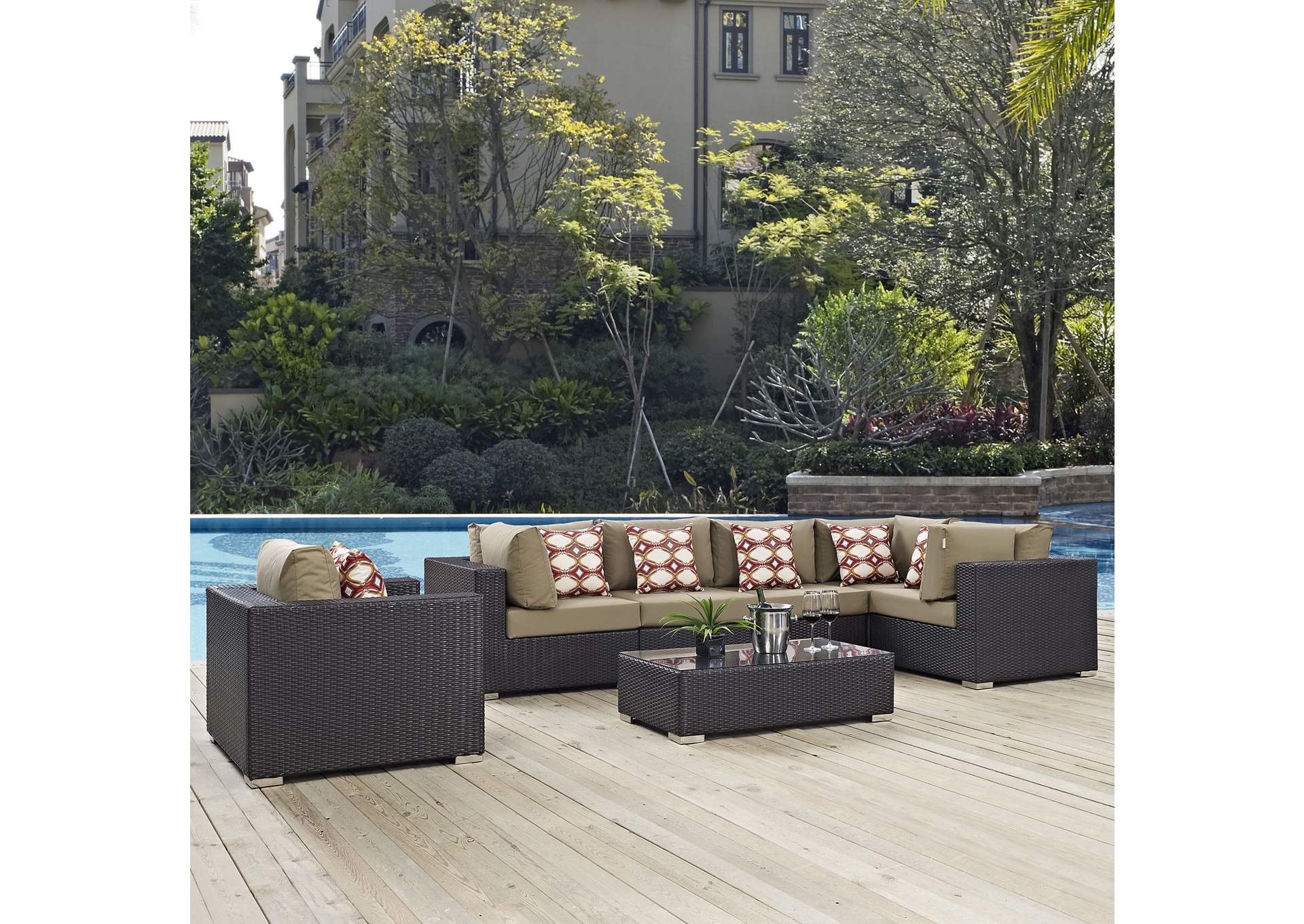 Espresso Mocha Convene 7 Piece Outdoor Patio Sectional Set,Modway