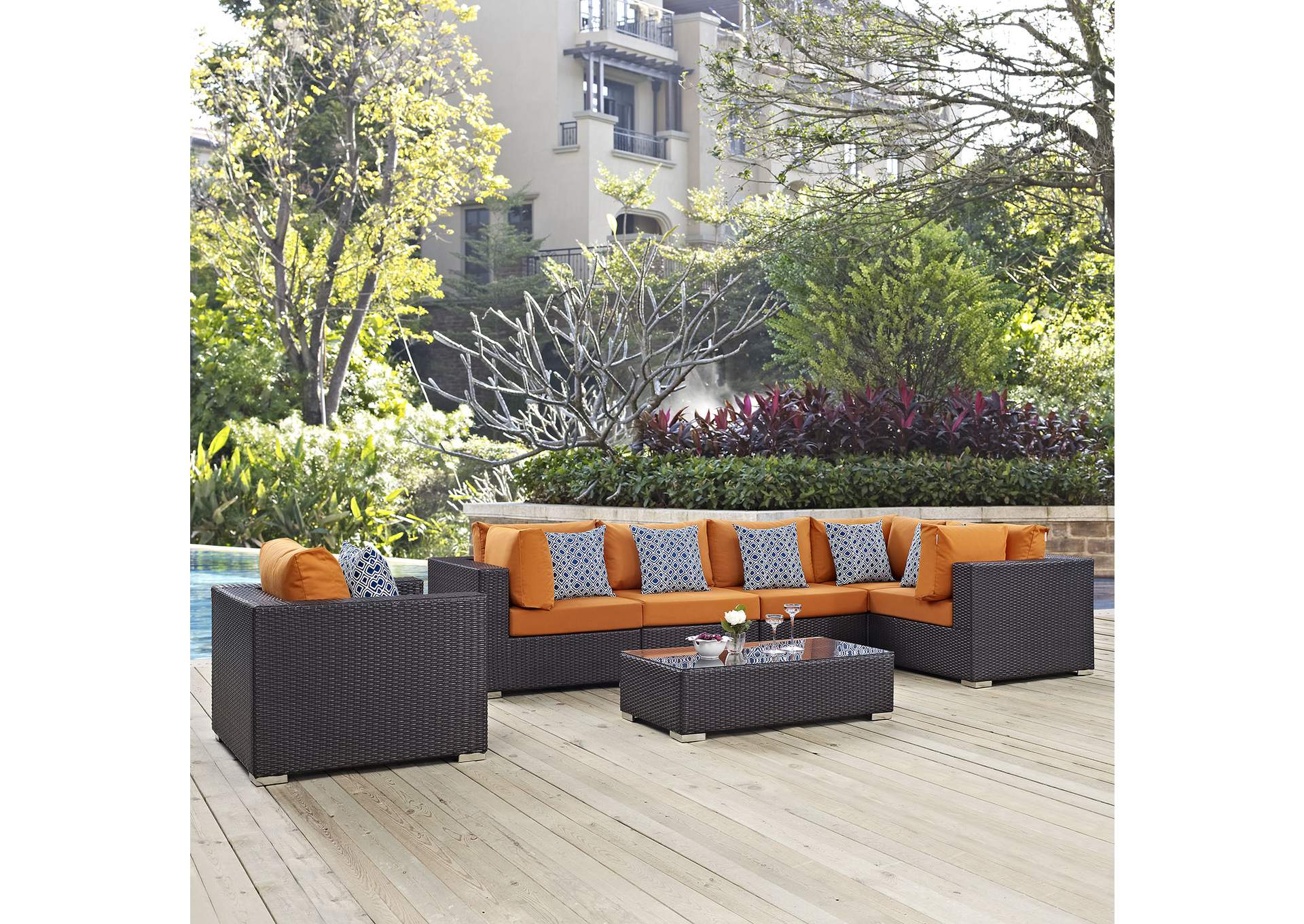 Espresso Orange Convene 7 Piece Outdoor Patio Sectional Set,Modway