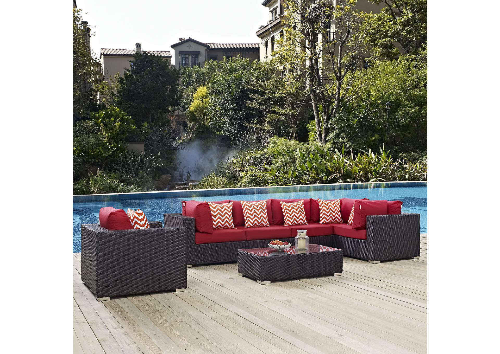 Espresso Red Convene 7 Piece Outdoor Patio Sectional Set,Modway