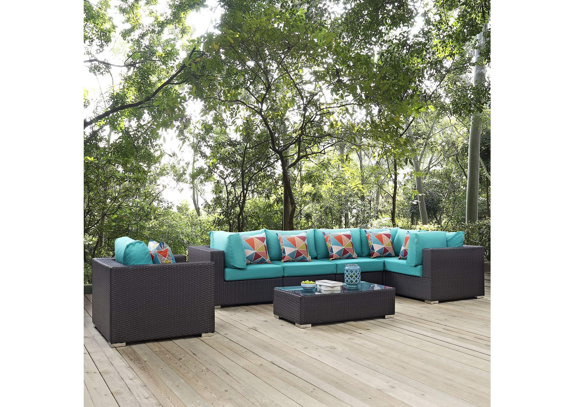 Espresso Turquoise Convene 7 Piece Outdoor Patio Sectional Set,Modway