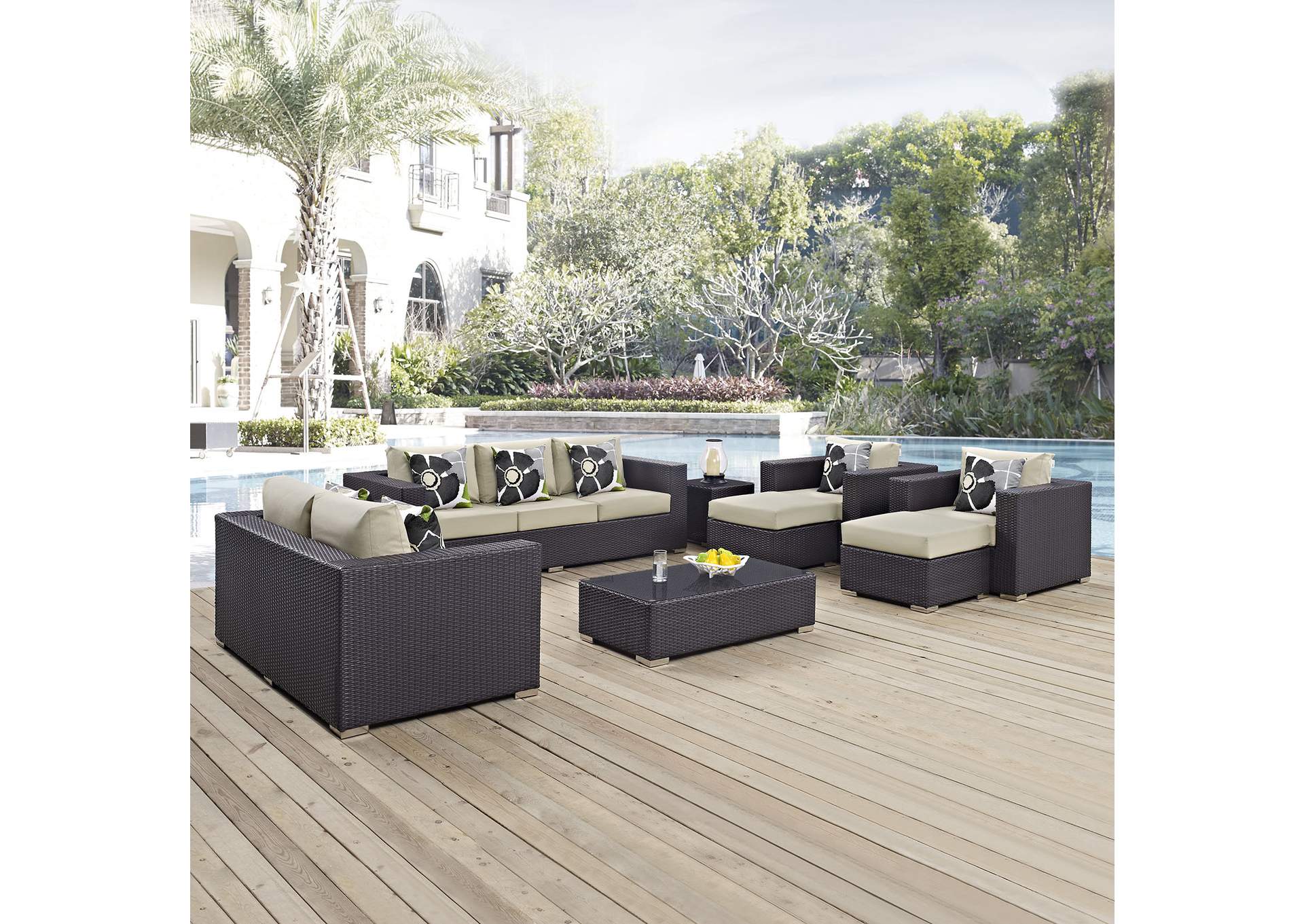 Espresso Beige Convene 9 Piece Outdoor Patio Sofa Set,Modway