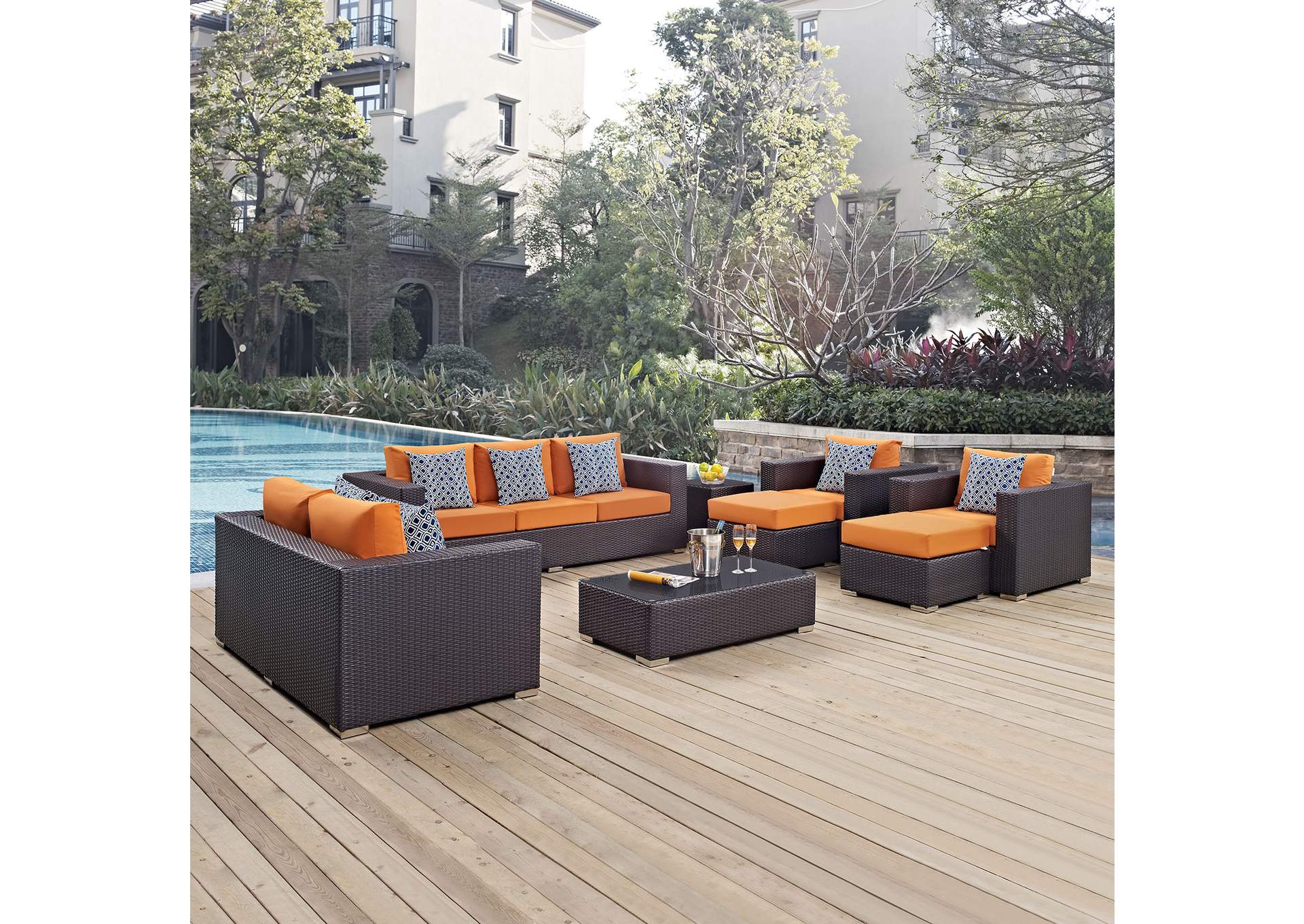 Espresso Orange Convene 9 Piece Outdoor Patio Sofa Set,Modway