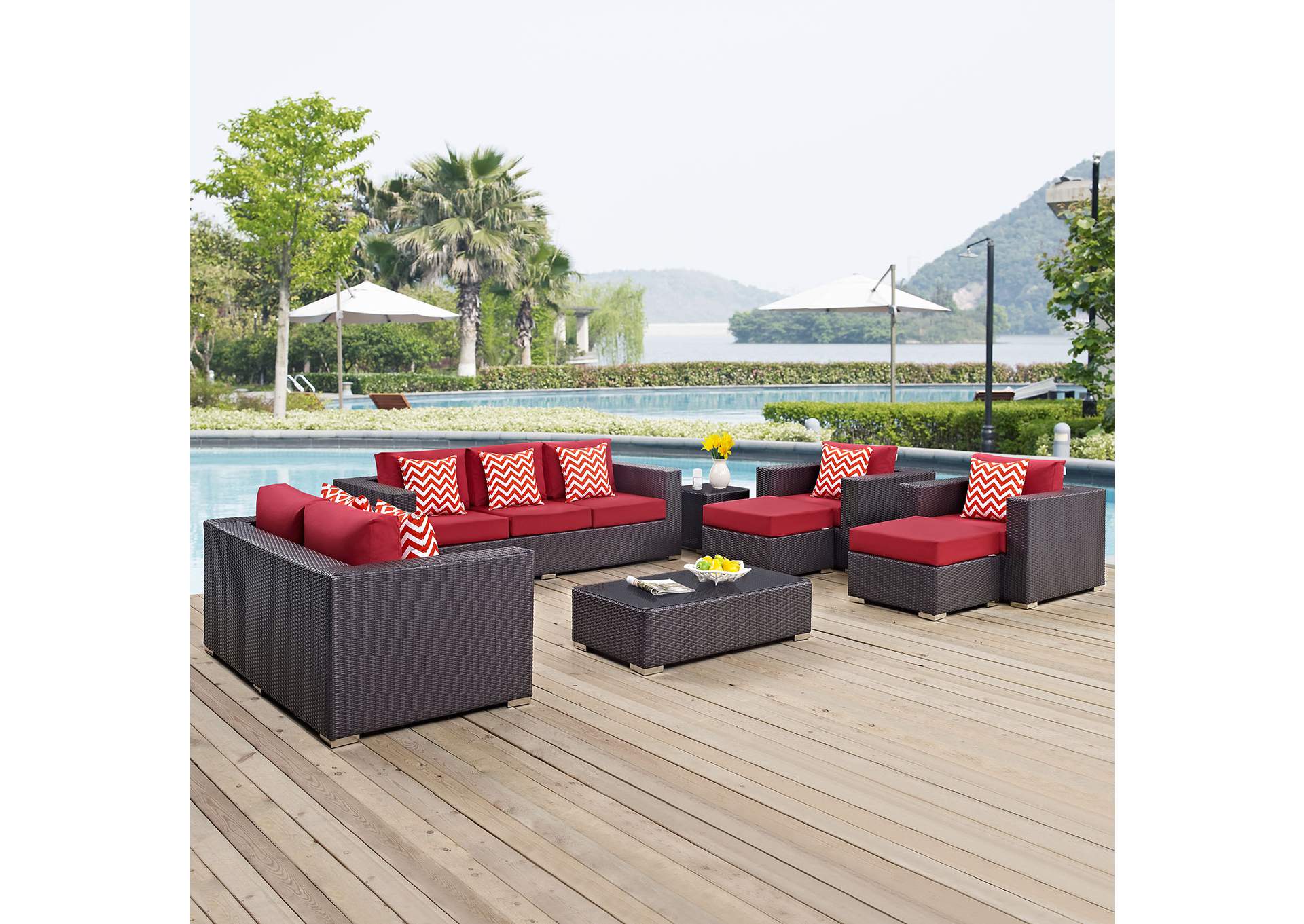 Espresso Red Convene 9 Piece Outdoor Patio Sofa Set,Modway