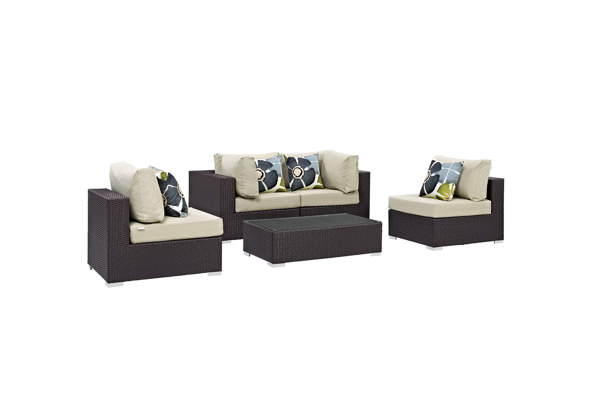 Espresso Beige Convene 5 Piece Outdoor Patio Sectional Set,Modway