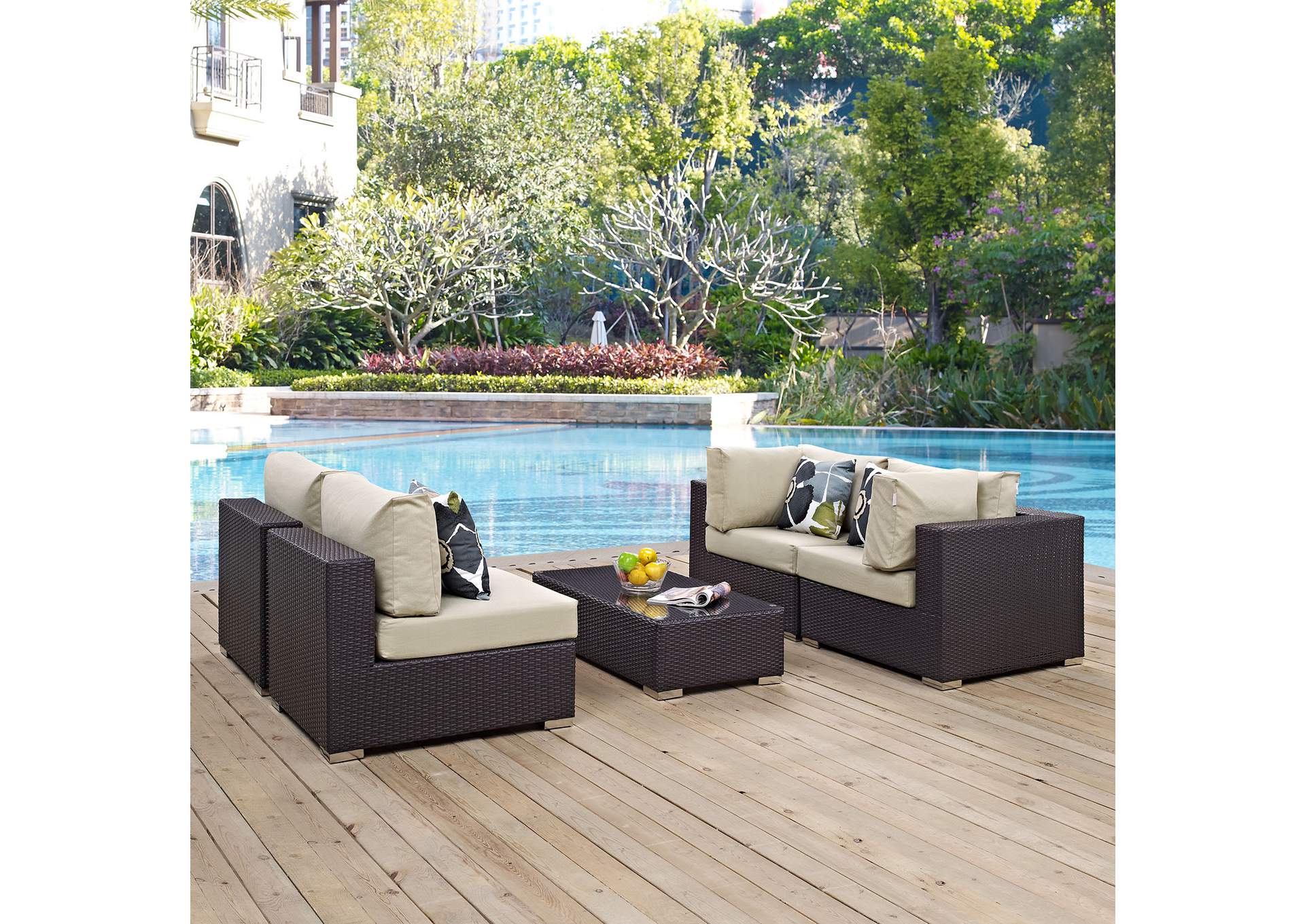 Espresso Beige Convene 5 Piece Outdoor Patio Sectional Set,Modway