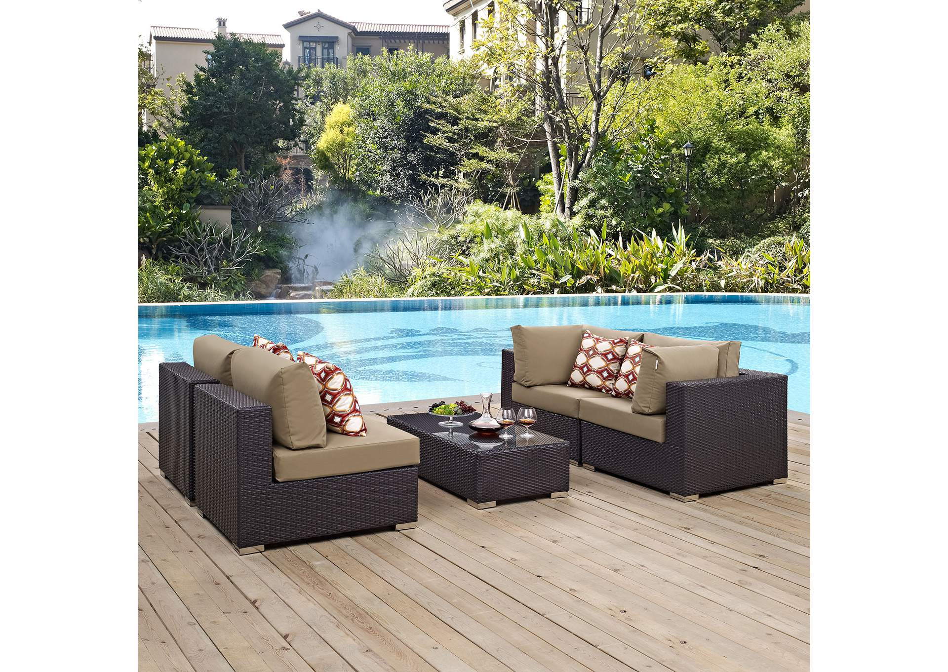 Espresso Mocha Convene 5 Piece Outdoor Patio Sectional Set,Modway