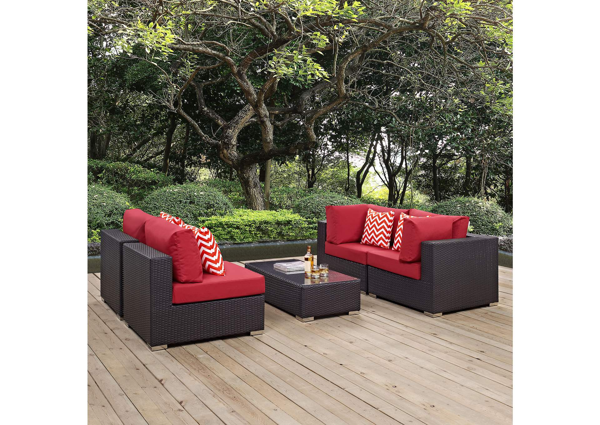 Espresso Red Convene 5 Piece Outdoor Patio Sectional Set,Modway