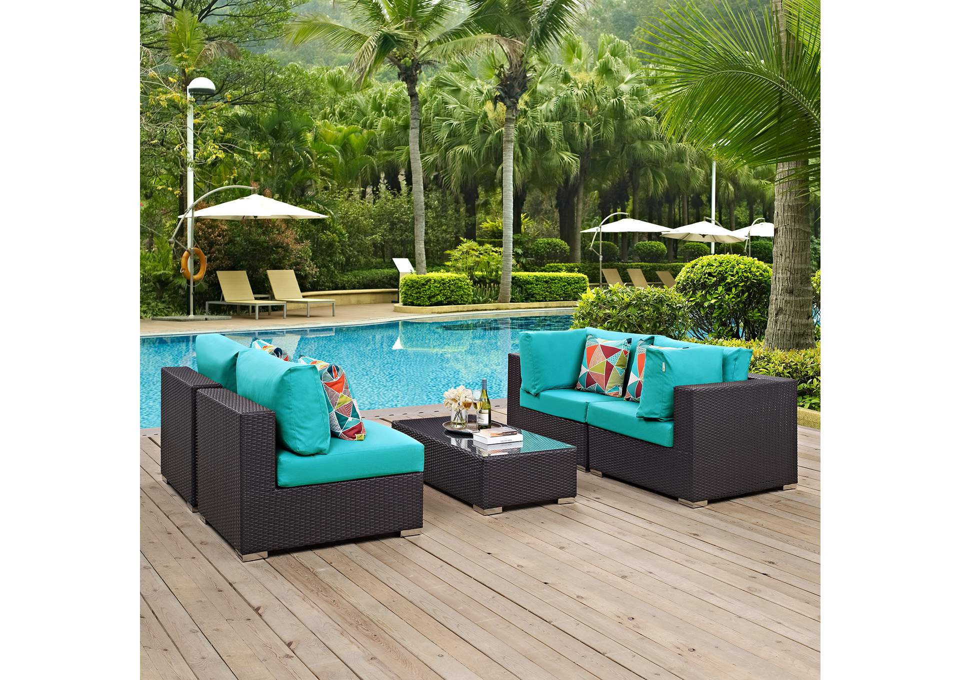 Espresso Turquoise Convene 5 Piece Outdoor Patio Sectional Set,Modway