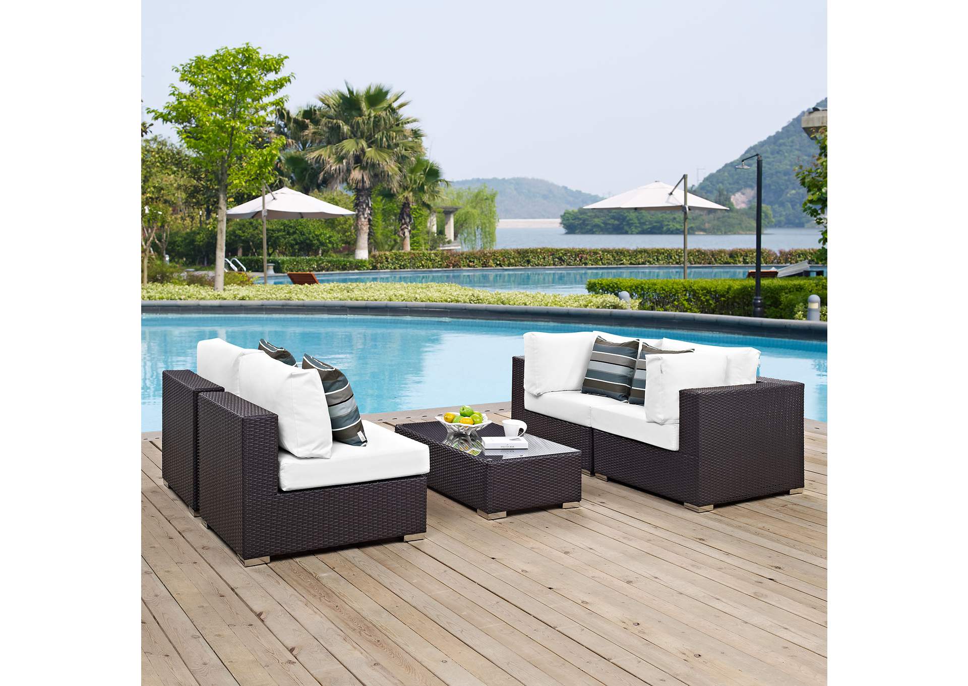 Espresso White Convene 5 Piece Outdoor Patio Sectional Set,Modway