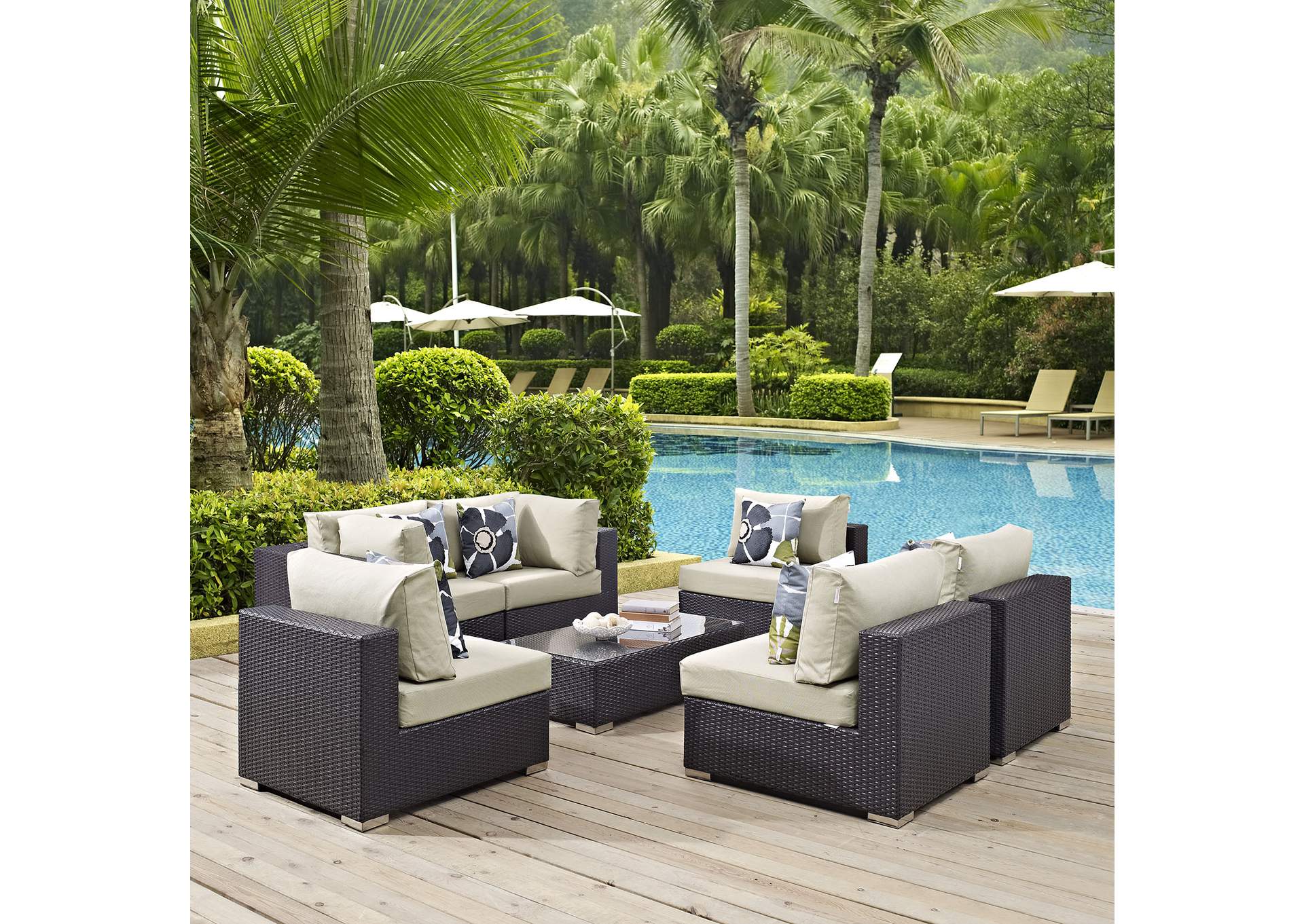 Espresso Beige Convene 7 Piece Outdoor Patio Sectional Set,Modway