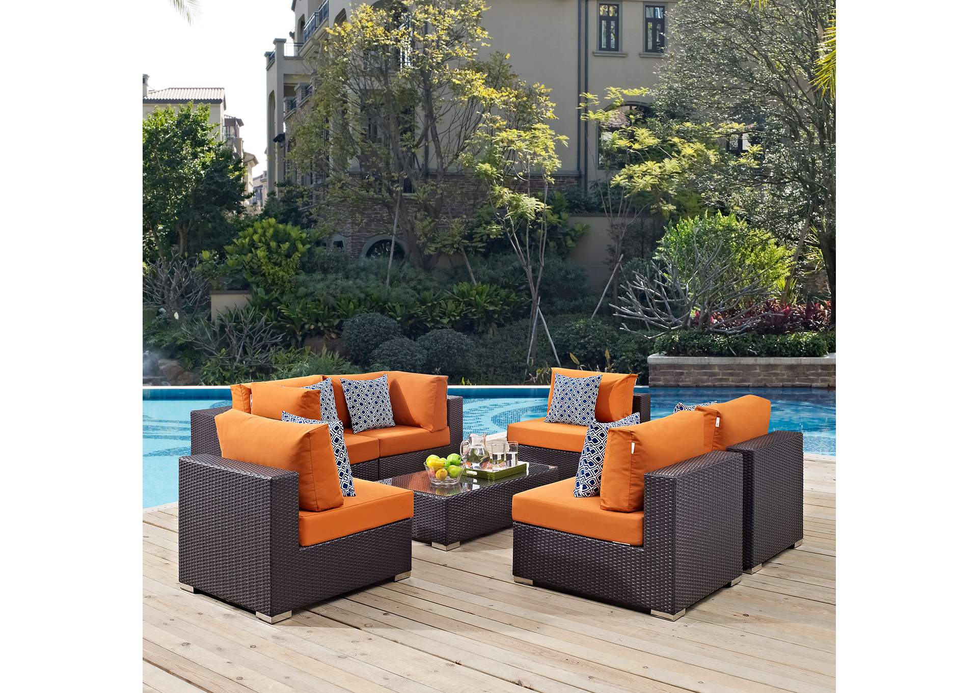 Espresso Orange Convene 7 Piece Outdoor Patio Sectional Set,Modway