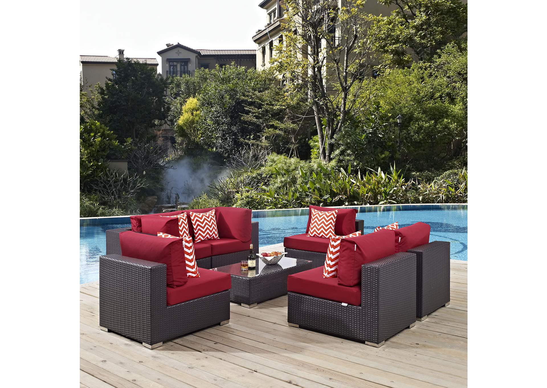 Espresso Red Convene 7 Piece Outdoor Patio Sectional Set,Modway