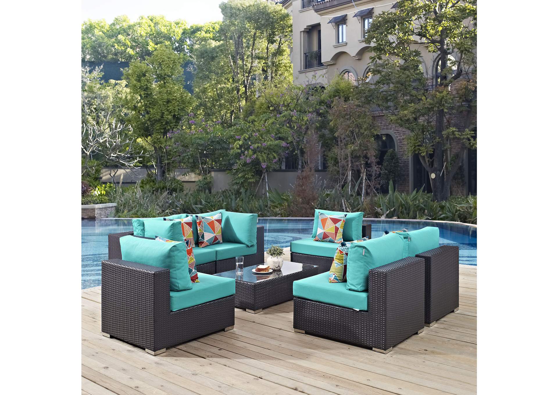 Espresso Turquoise Convene 7 Piece Outdoor Patio Sectional Set,Modway