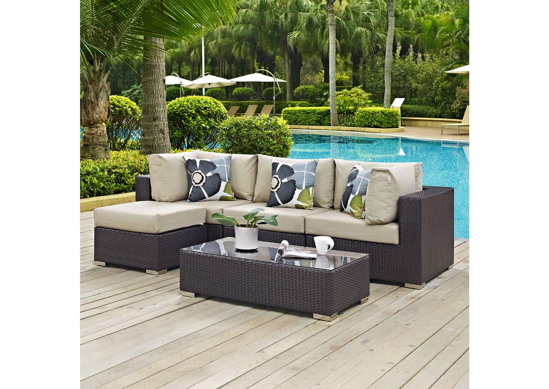 Espresso Beige Convene 5 Piece Outdoor Patio Sectional Set,Modway