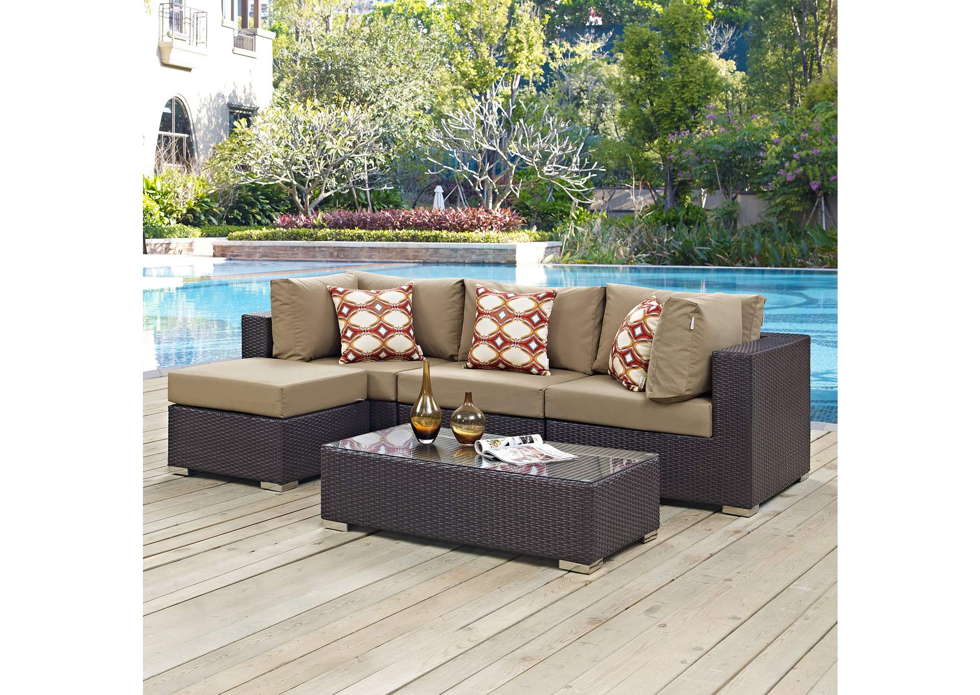 Espresso Mocha Convene 5 Piece Outdoor Patio Sectional Set,Modway