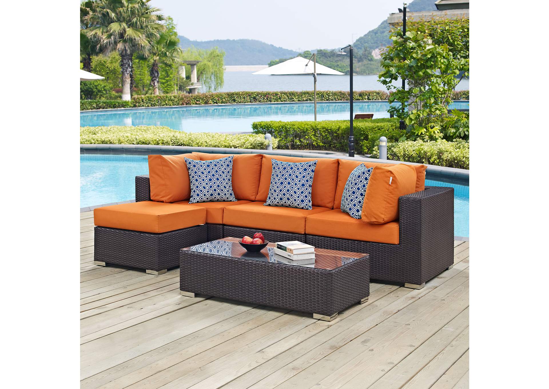 Espresso Orange Convene 5 Piece Outdoor Patio Sectional Set,Modway