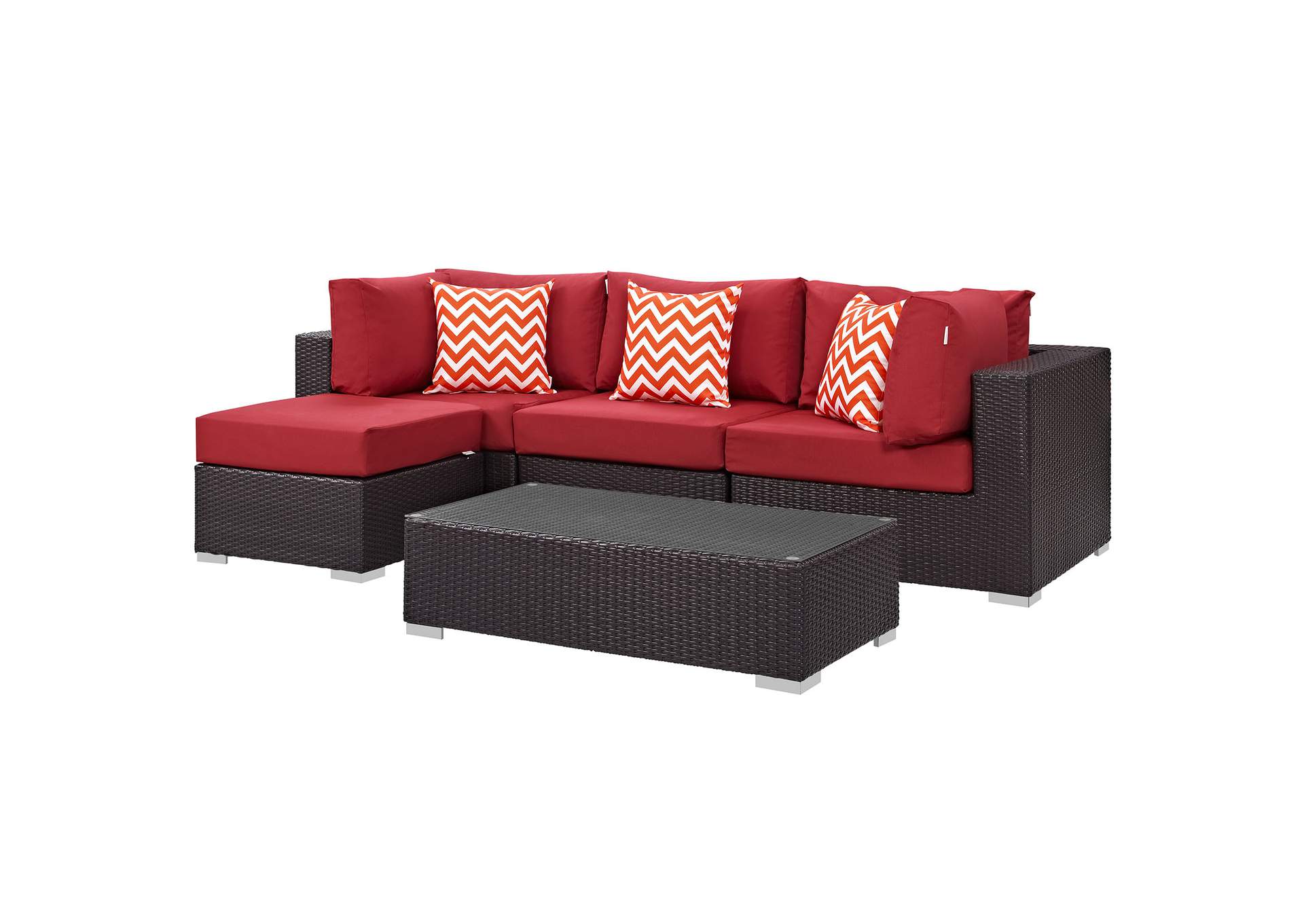 Espresso Red Convene 5 Piece Outdoor Patio Sectional Set,Modway