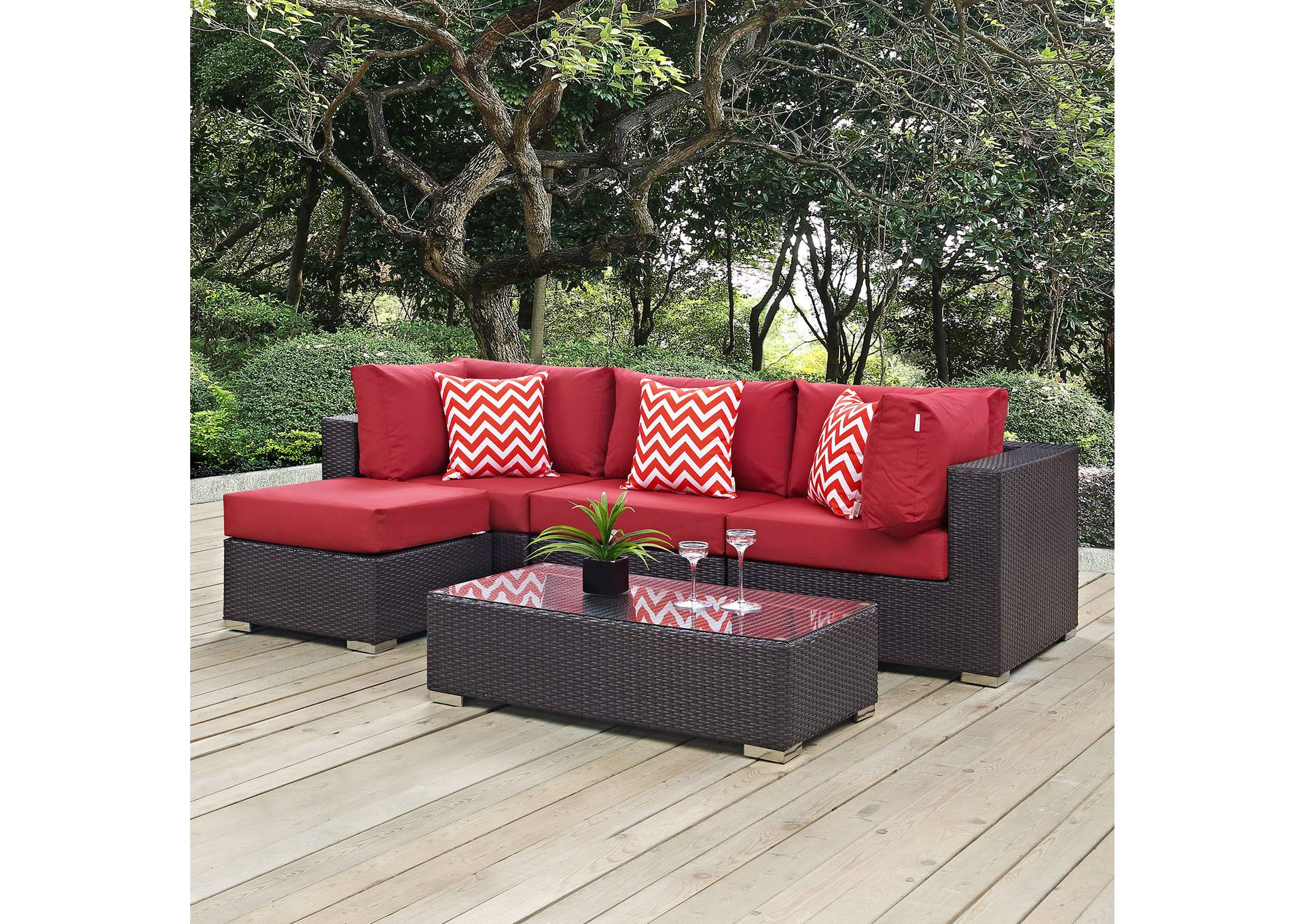 Espresso Red Convene 5 Piece Outdoor Patio Sectional Set,Modway