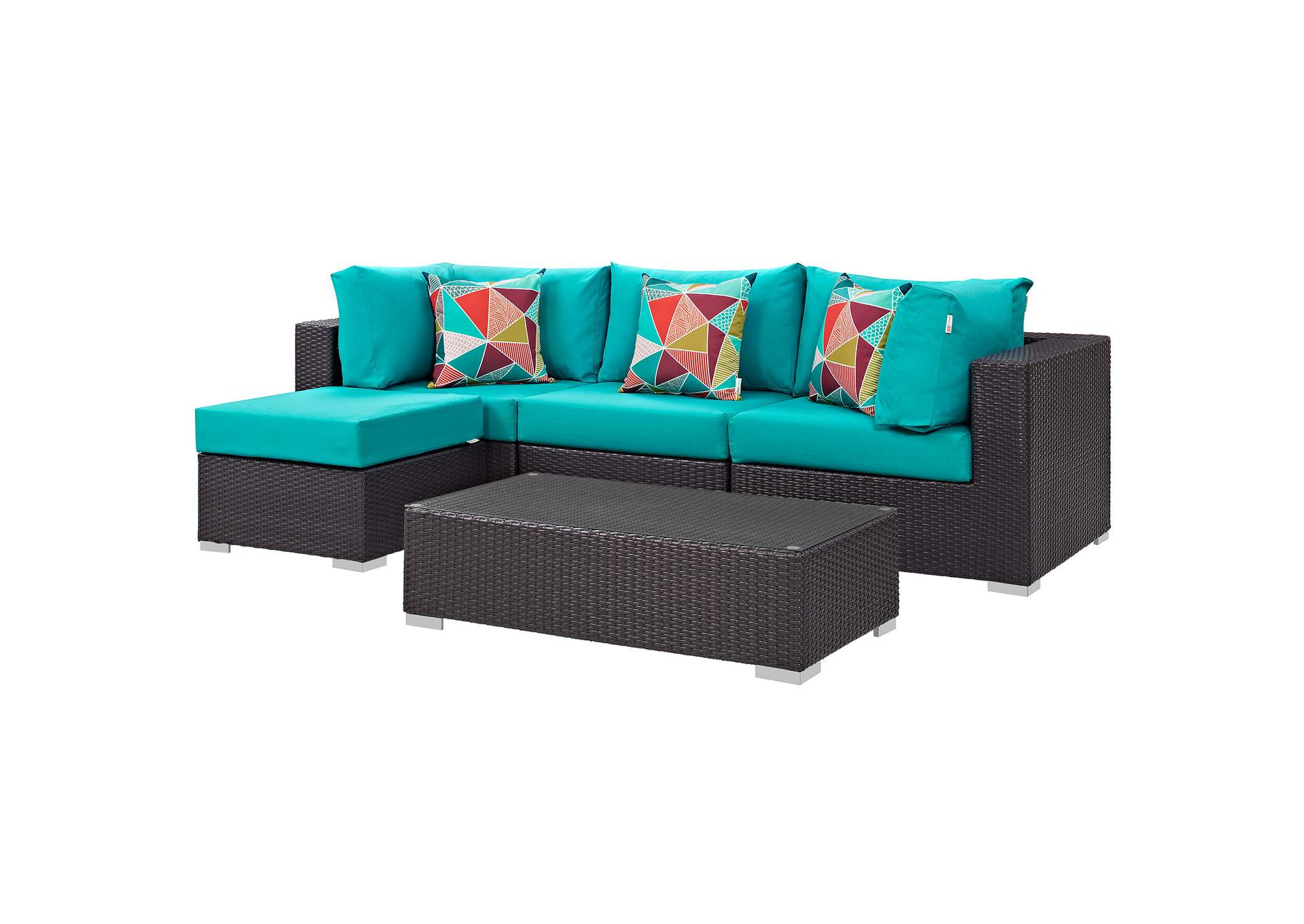 Espresso Turquoise Convene 5 Piece Outdoor Patio Sectional Set,Modway