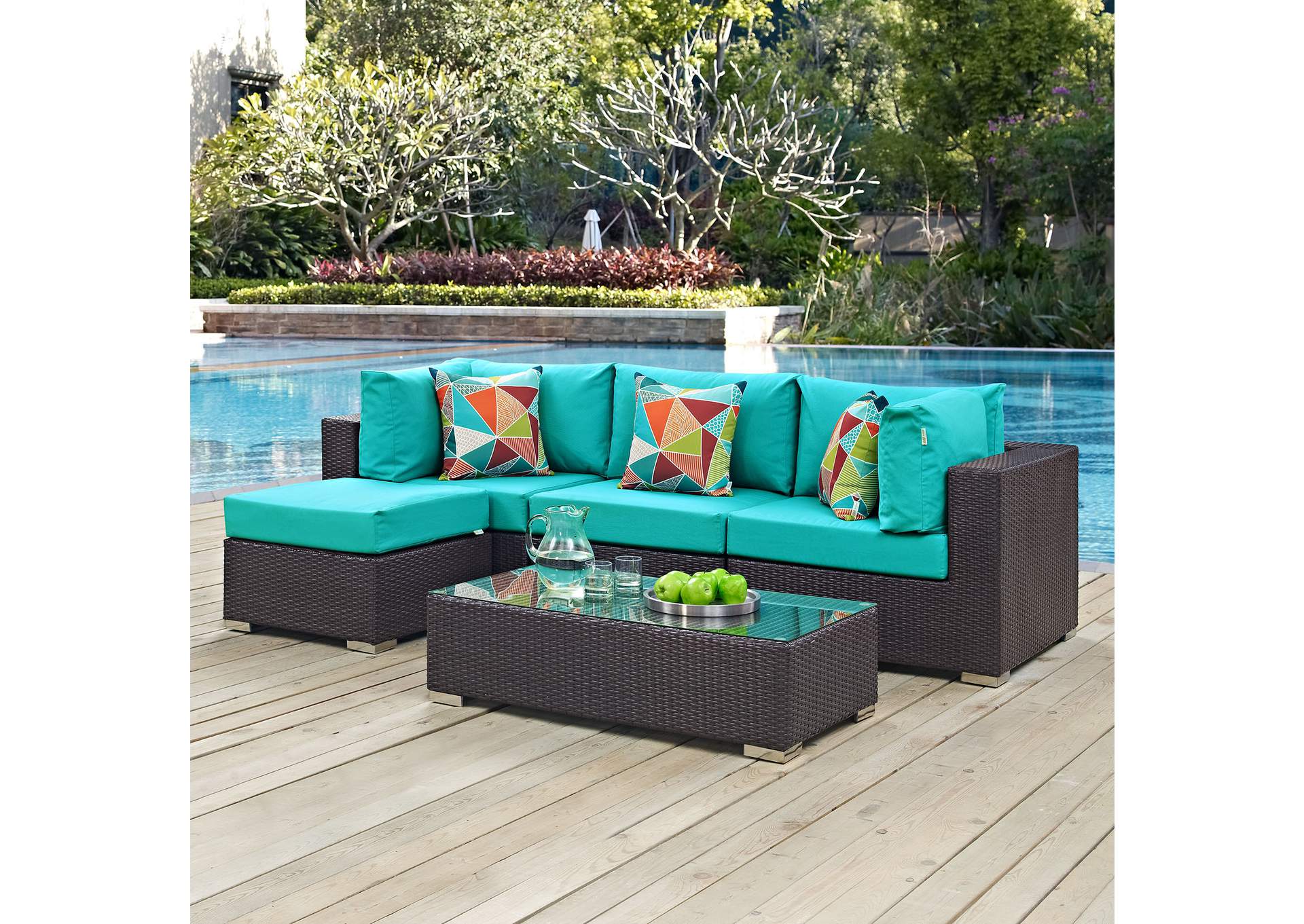 Espresso Turquoise Convene 5 Piece Outdoor Patio Sectional Set,Modway