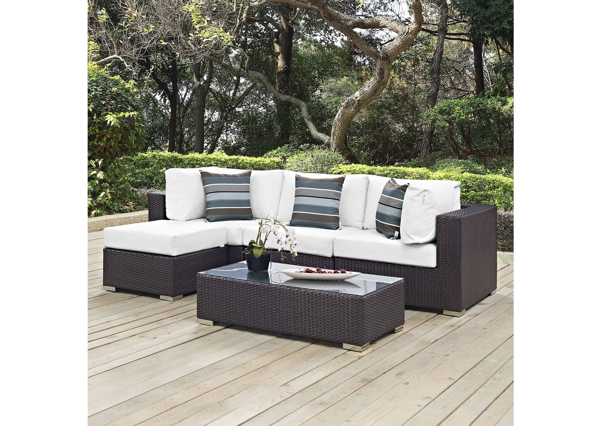 Espresso White Convene 5 Piece Outdoor Patio Sectional Set,Modway