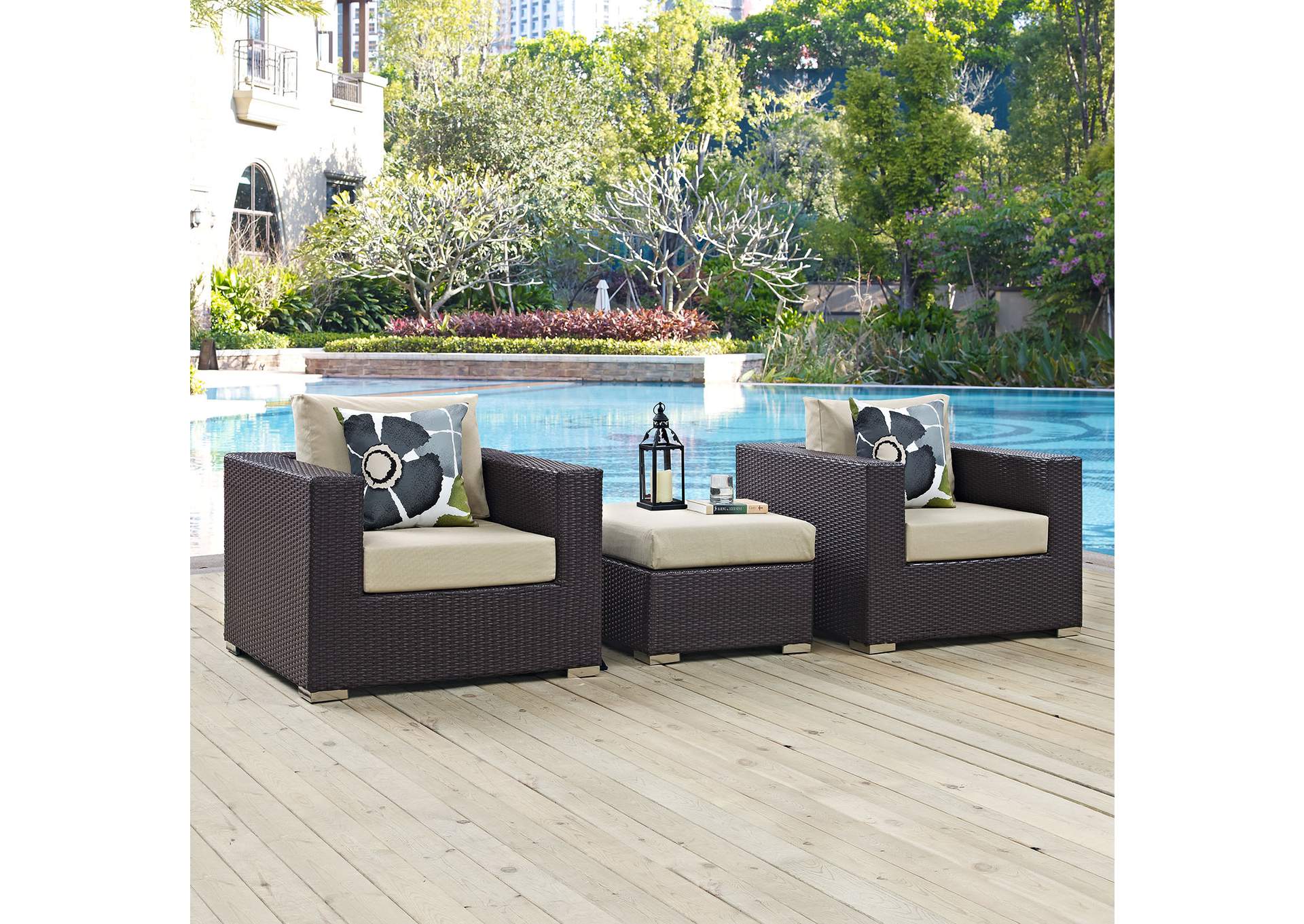 Espresso Beige Convene 3 Piece Outdoor Patio Sofa Set,Modway