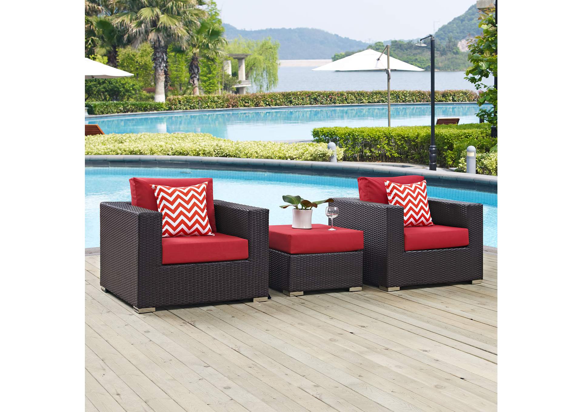 Espresso Red Convene 3 Piece Outdoor Patio Sofa Set,Modway