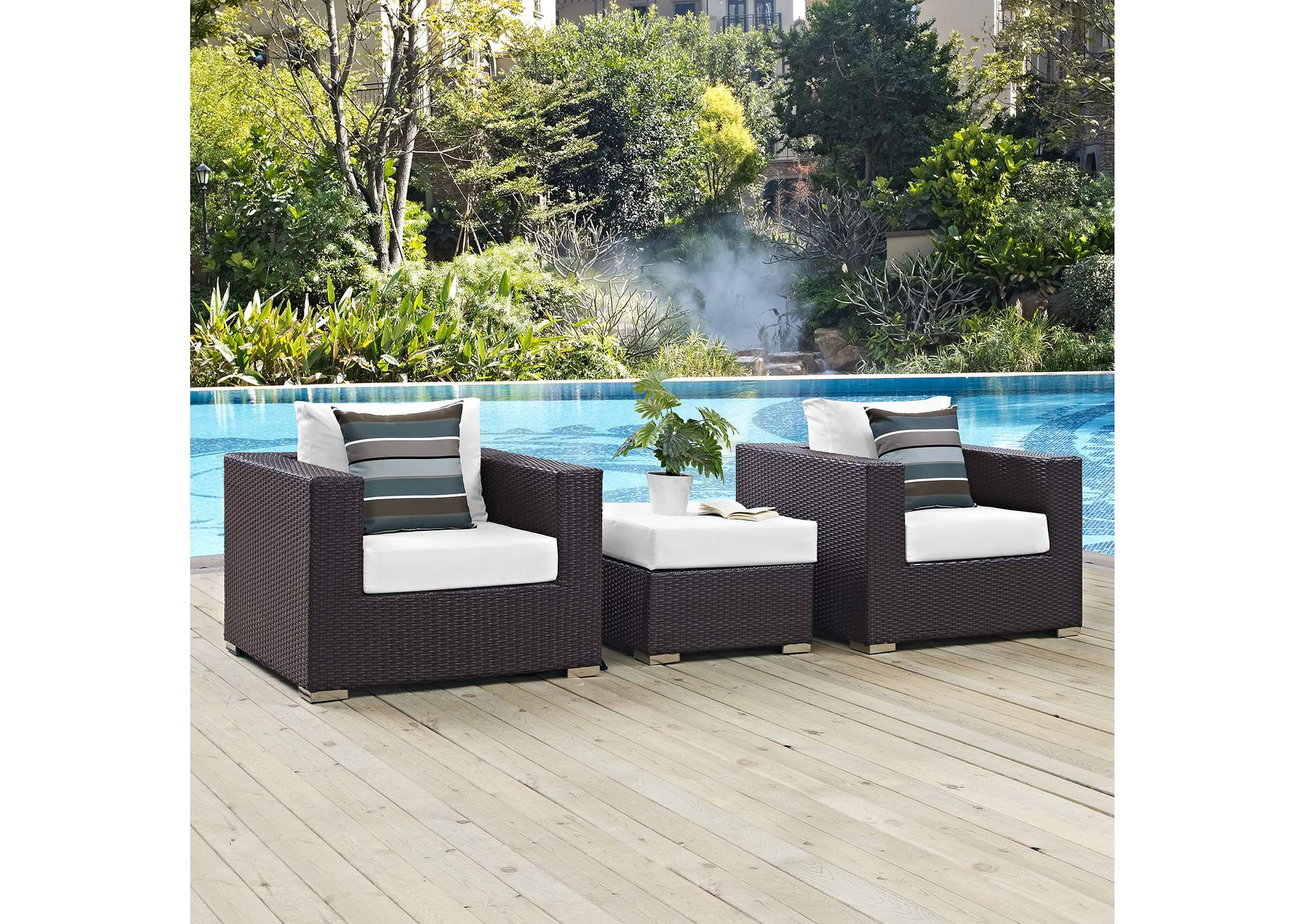 Espresso White Convene 3 Piece Outdoor Patio Sofa Set,Modway