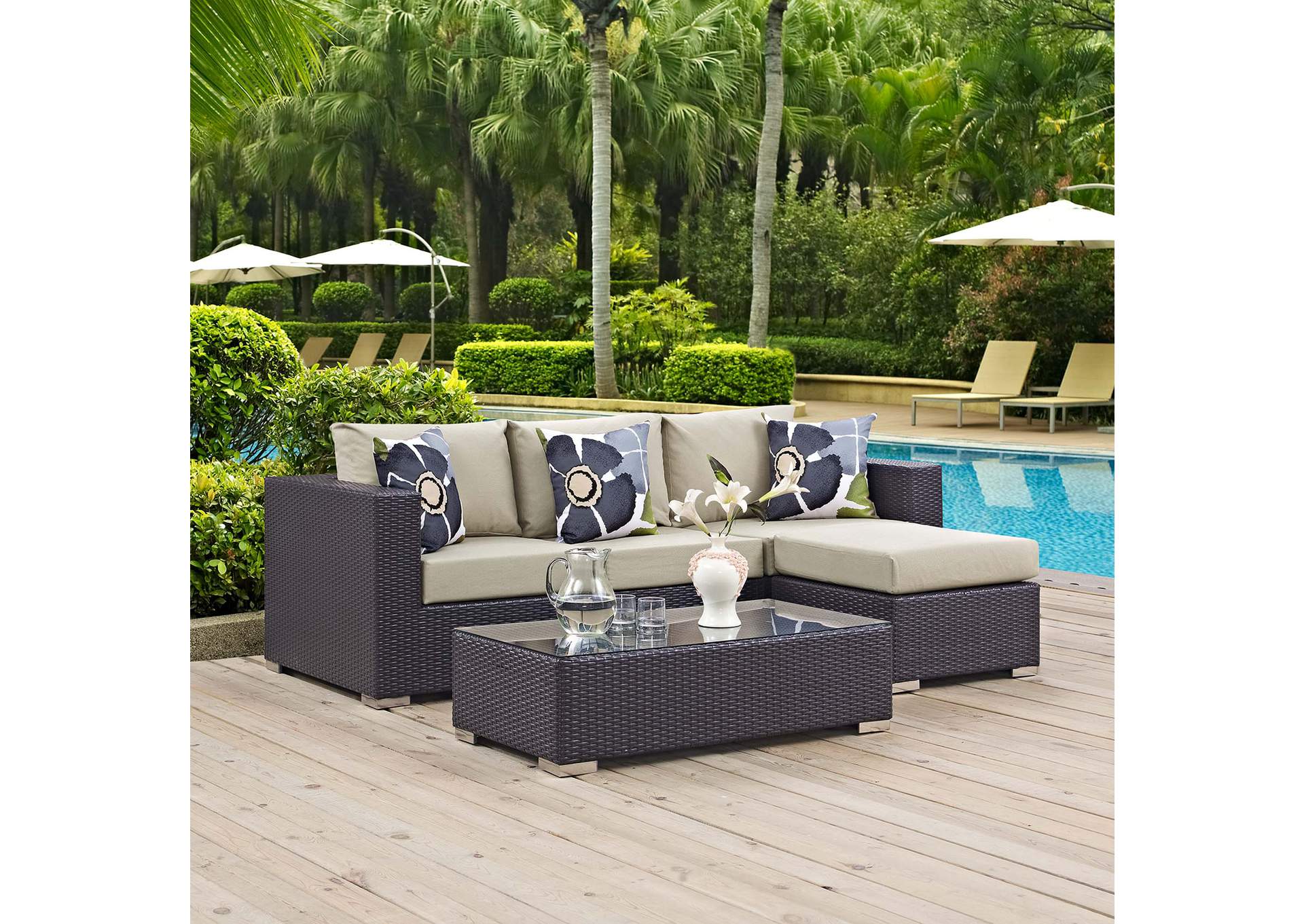 Espresso Beige Convene 3 Piece Outdoor Patio Sofa Set,Modway