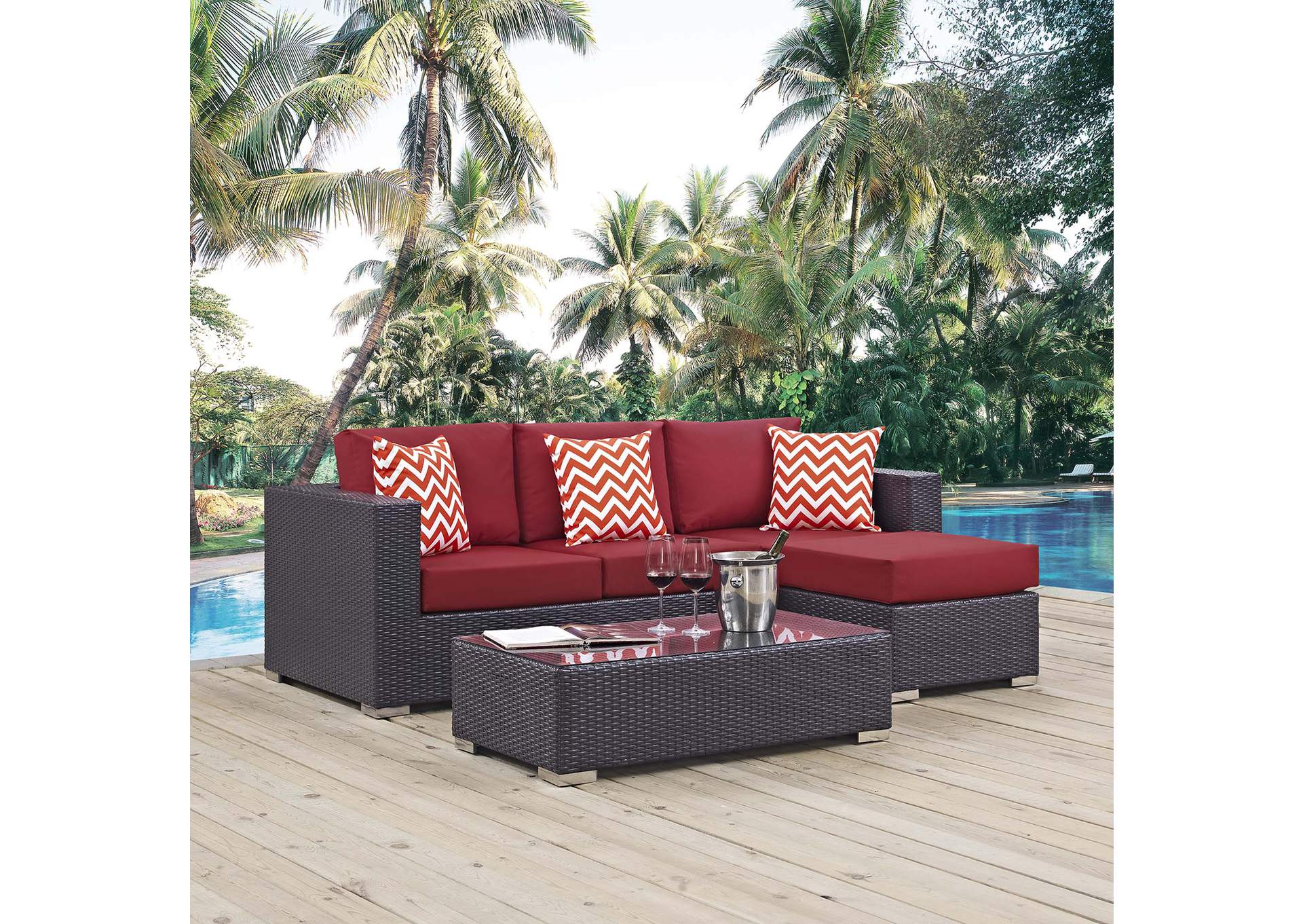 Espresso Red Convene 3 Piece Outdoor Patio Sofa Set,Modway