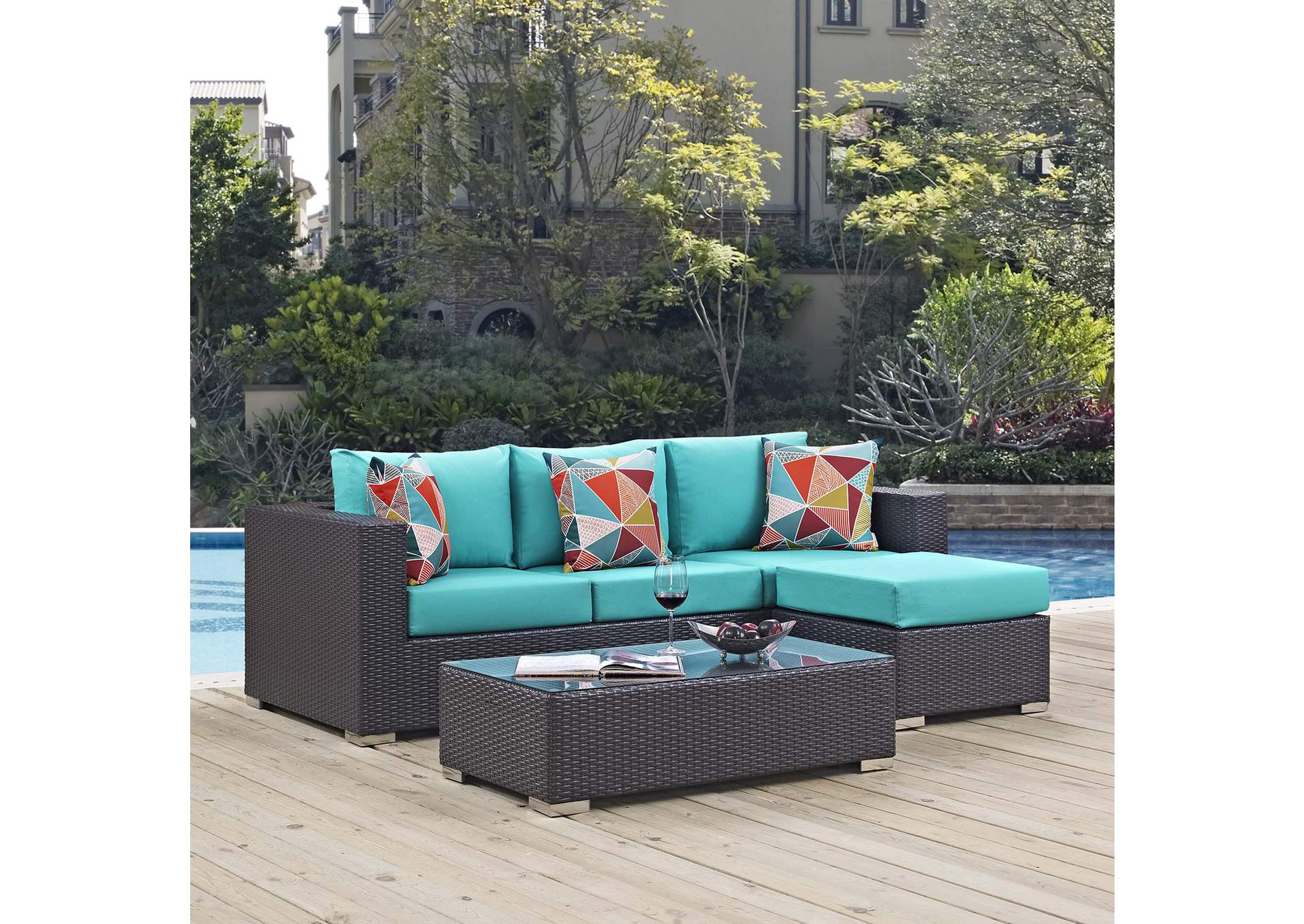 Espresso Turquoise Convene 3 Piece Outdoor Patio Sofa Set,Modway