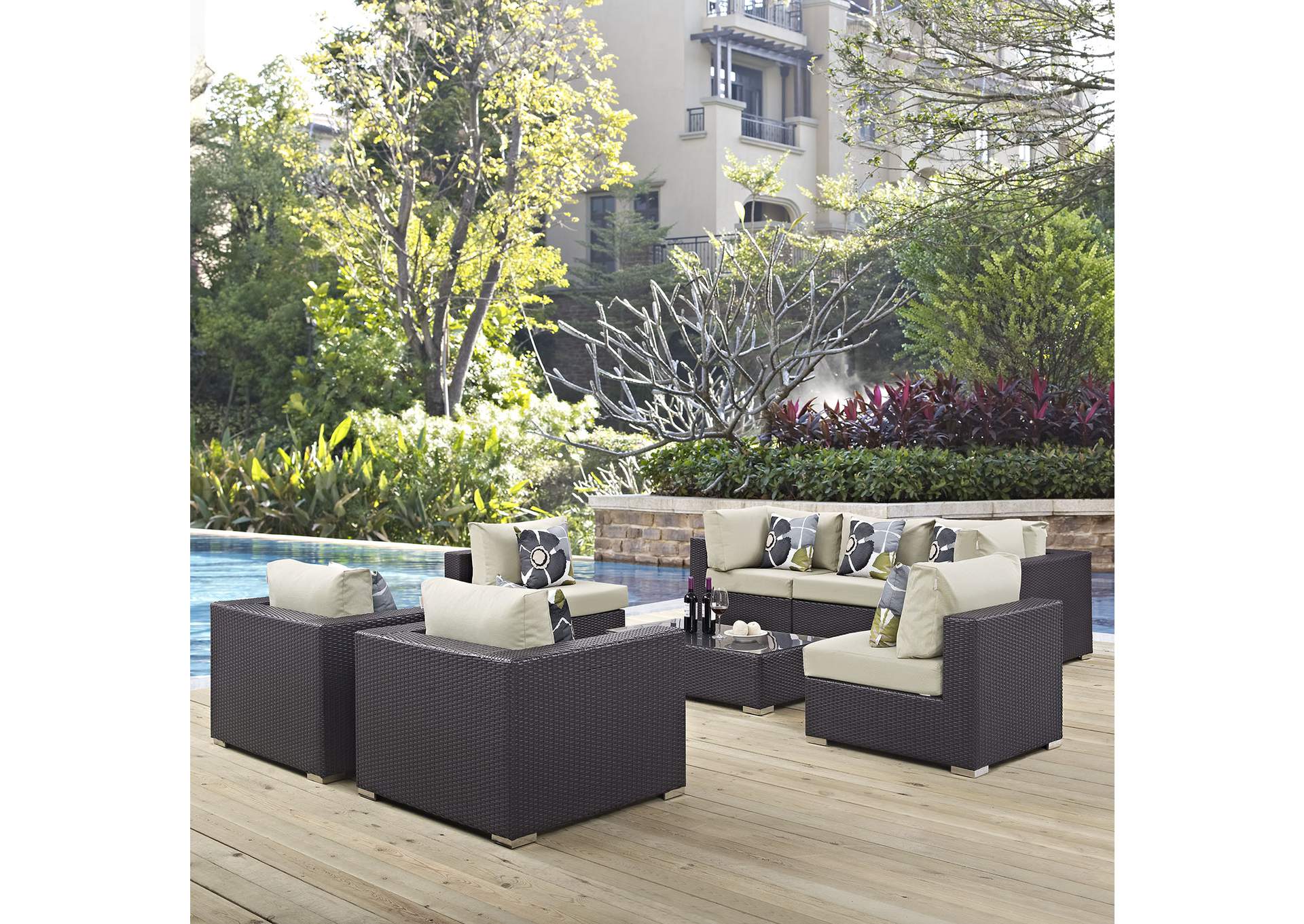 Espresso Beige Convene 8 Piece Outdoor Patio Sectional Set,Modway