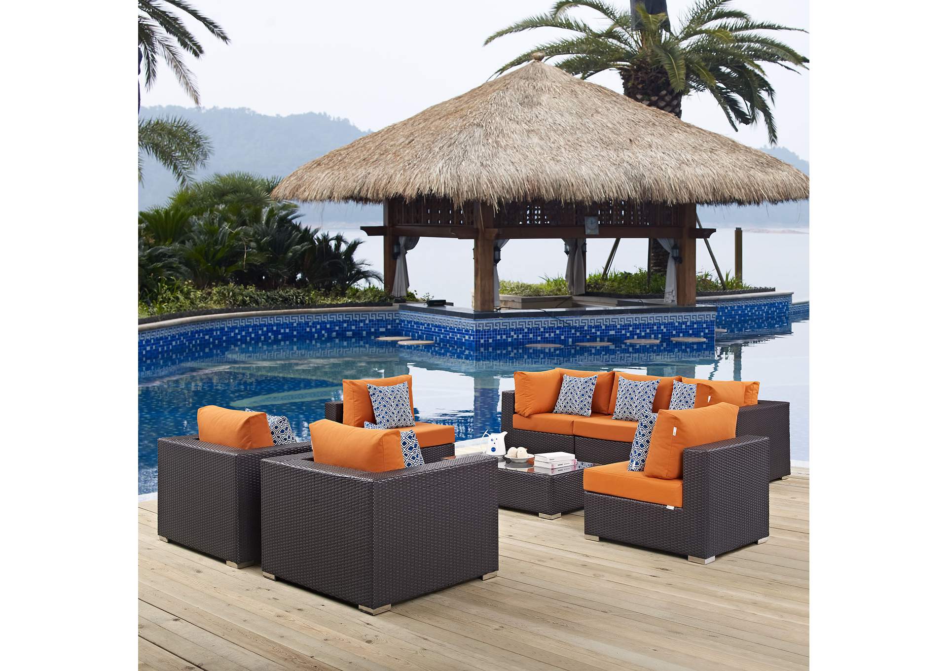 Espresso Orange Convene 8 Piece Outdoor Patio Sectional Set,Modway