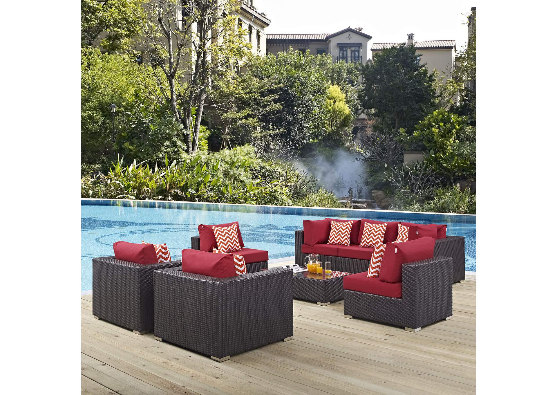 Espresso Red Convene 8 Piece Outdoor Patio Sectional Set,Modway