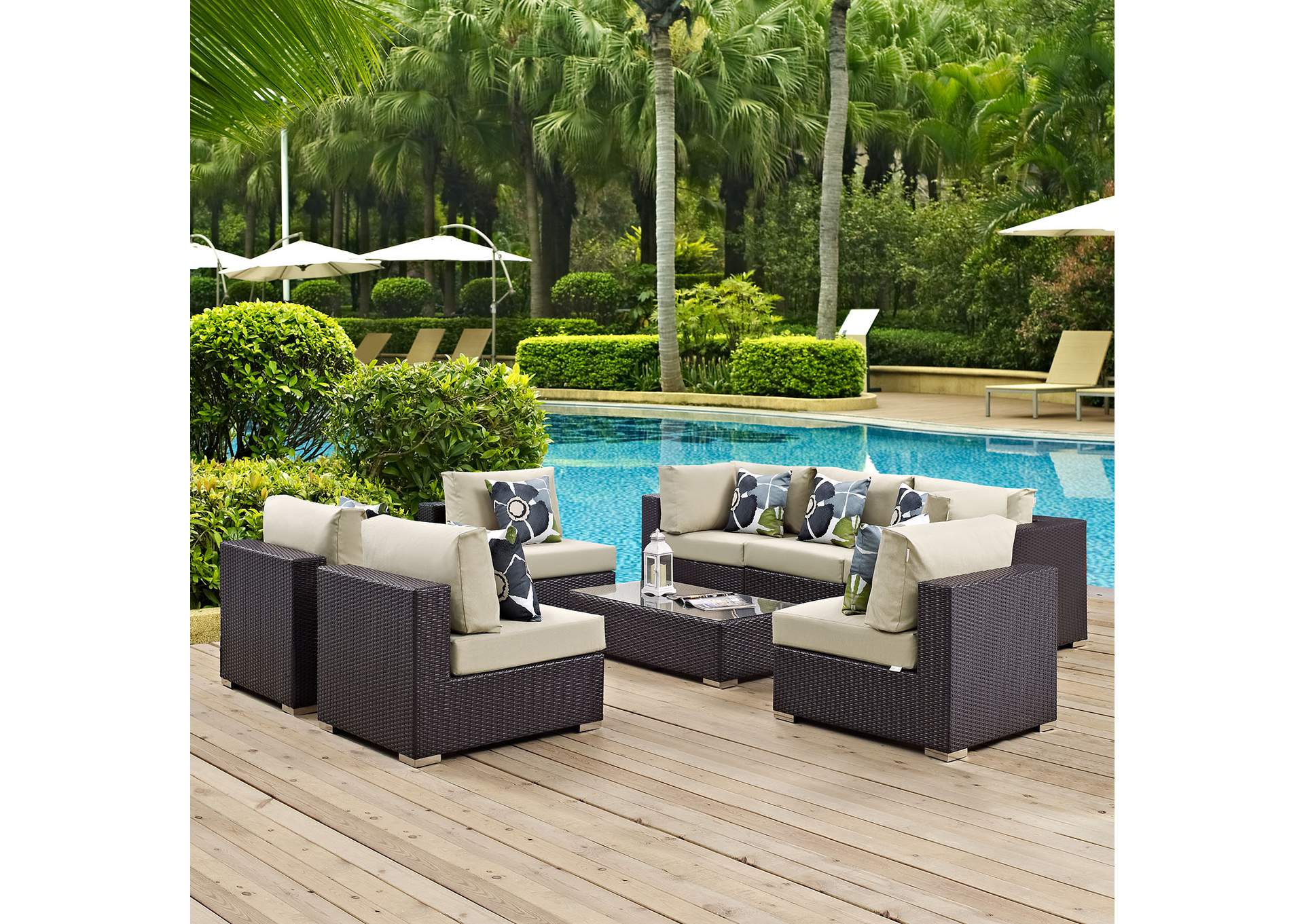 Espresso Beige Convene 8 Piece Outdoor Patio Sectional Set,Modway