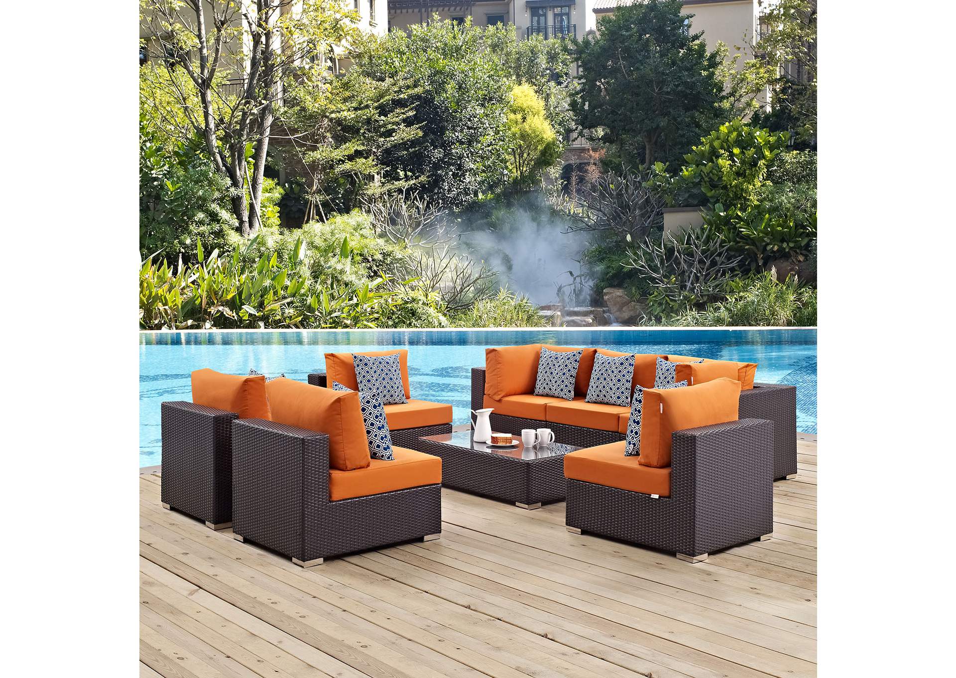 Espresso Orange Convene 8 Piece Outdoor Patio Sectional Set,Modway