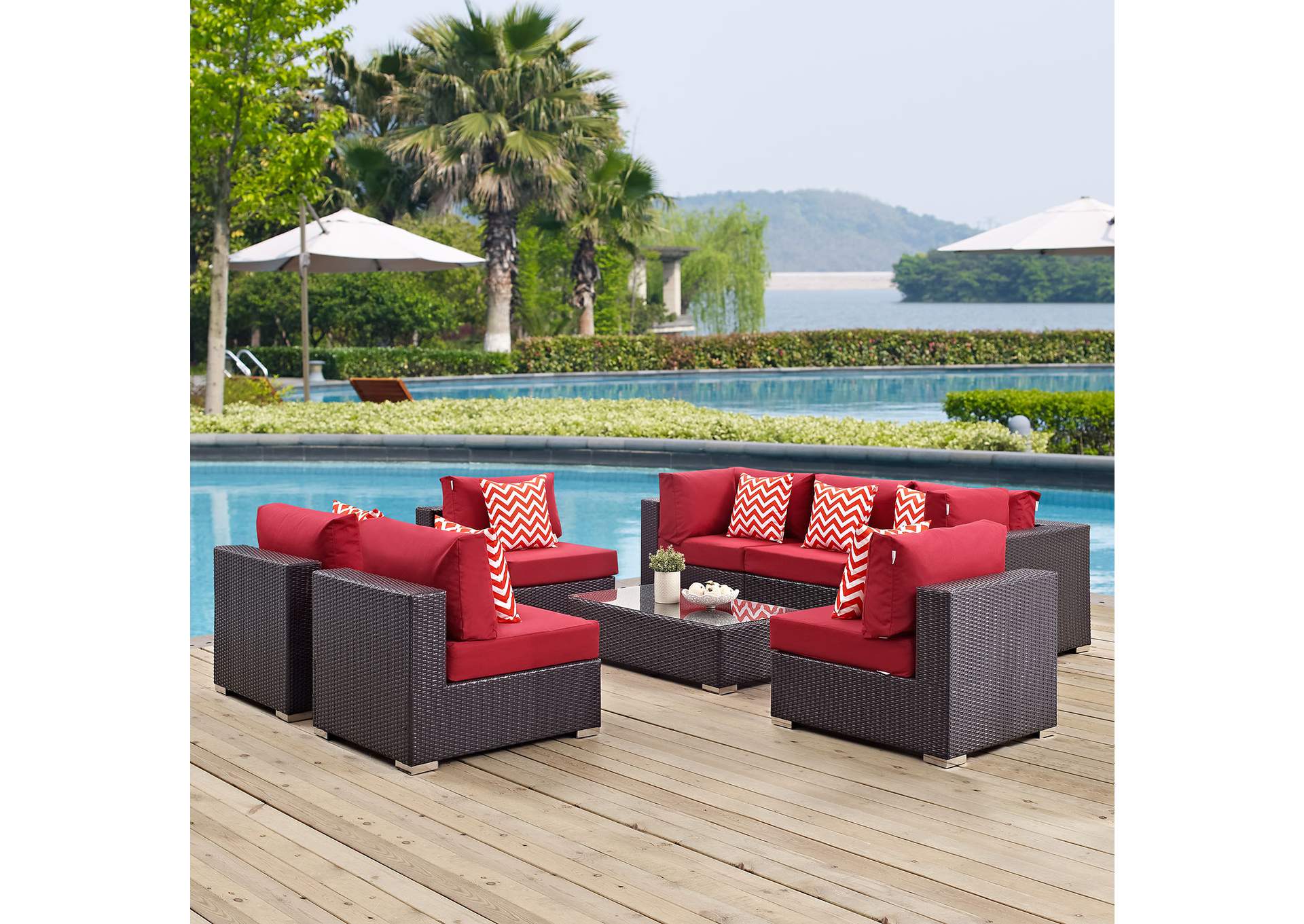 Espresso Red Convene 8 Piece Outdoor Patio Sectional Set,Modway