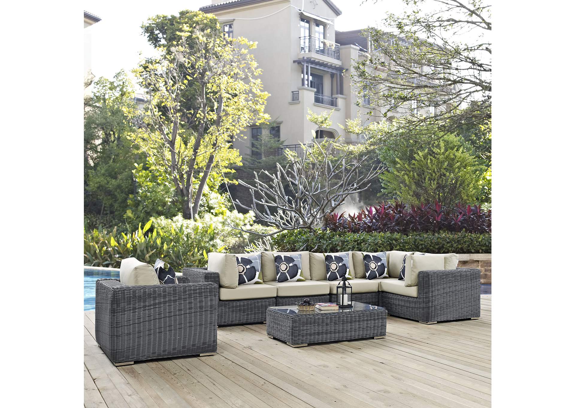 Canvas Antique Beige Summon 7 Piece Outdoor Patio Sunbrella,Modway
