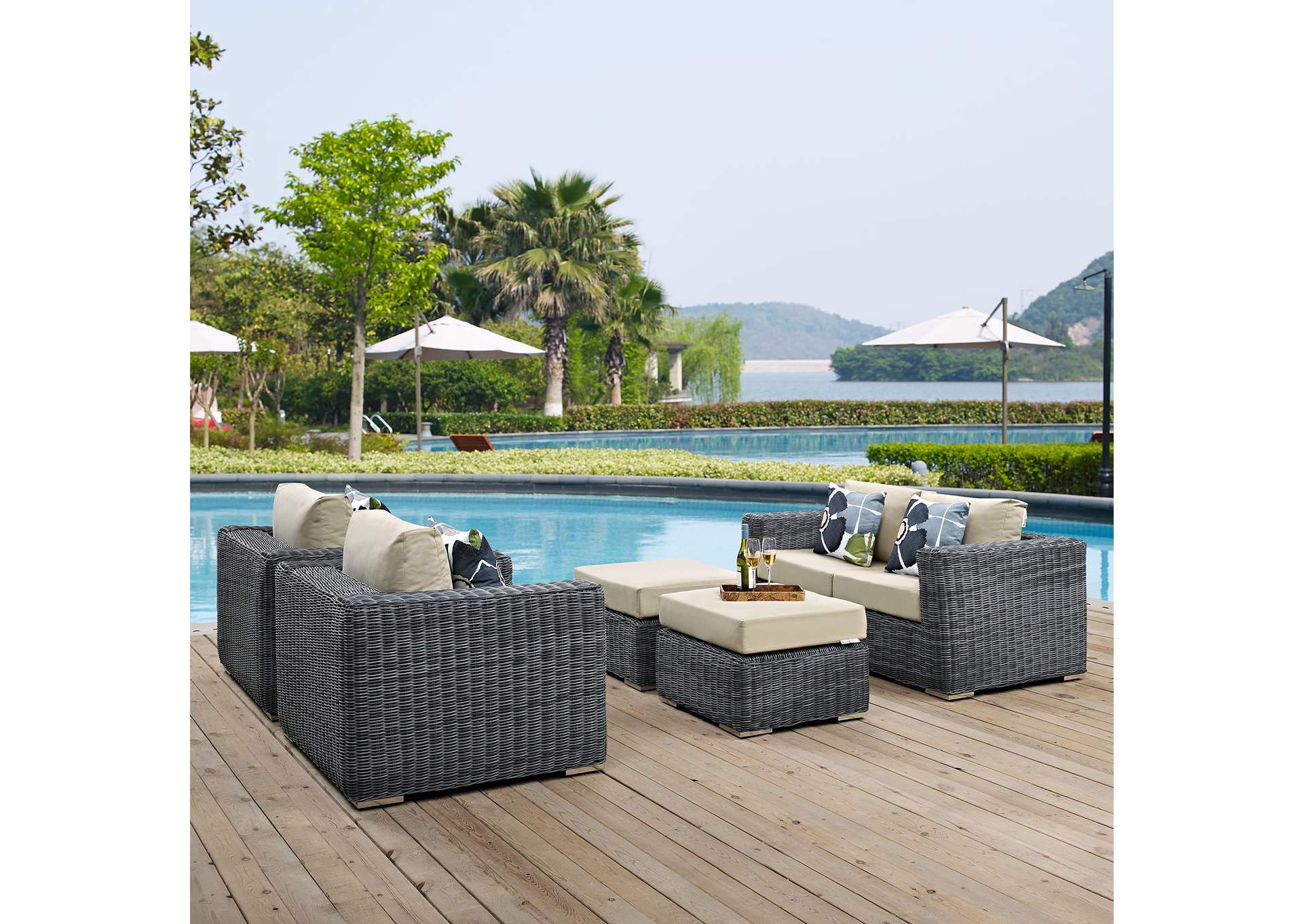 Canvas Antique Beige Summon 5 Piece Outdoor Patio Sunbrella,Modway