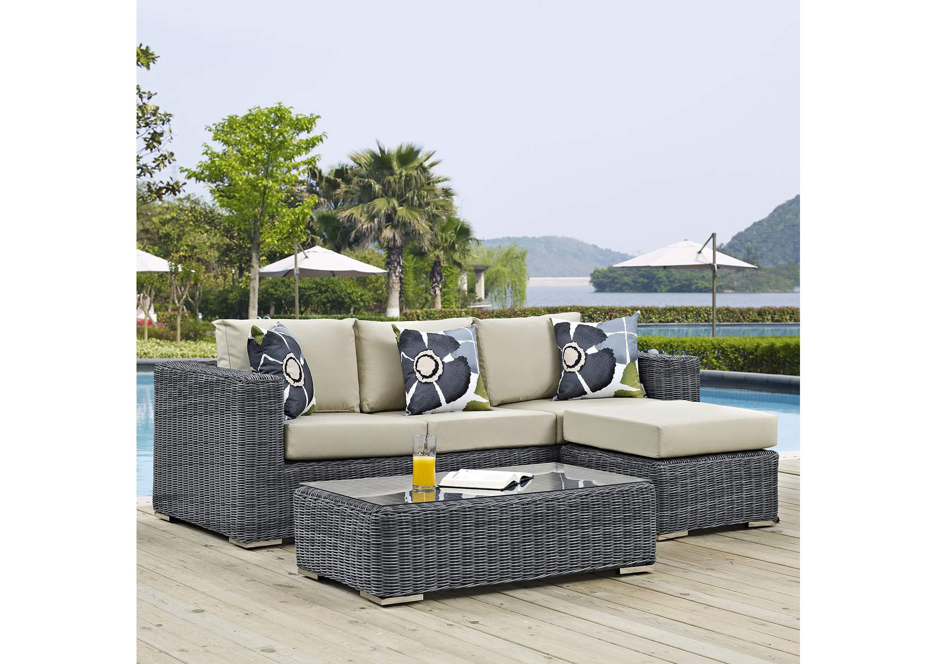 Canvas Antique Beige Summon 3 Piece Outdoor Patio Sunbrella,Modway