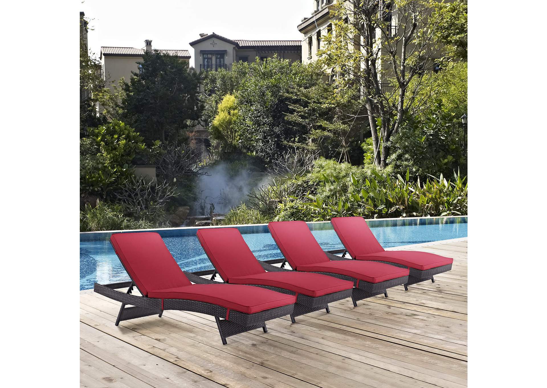 Espresso Red Convene Chaise Outdoor Patio [Set of 4],Modway