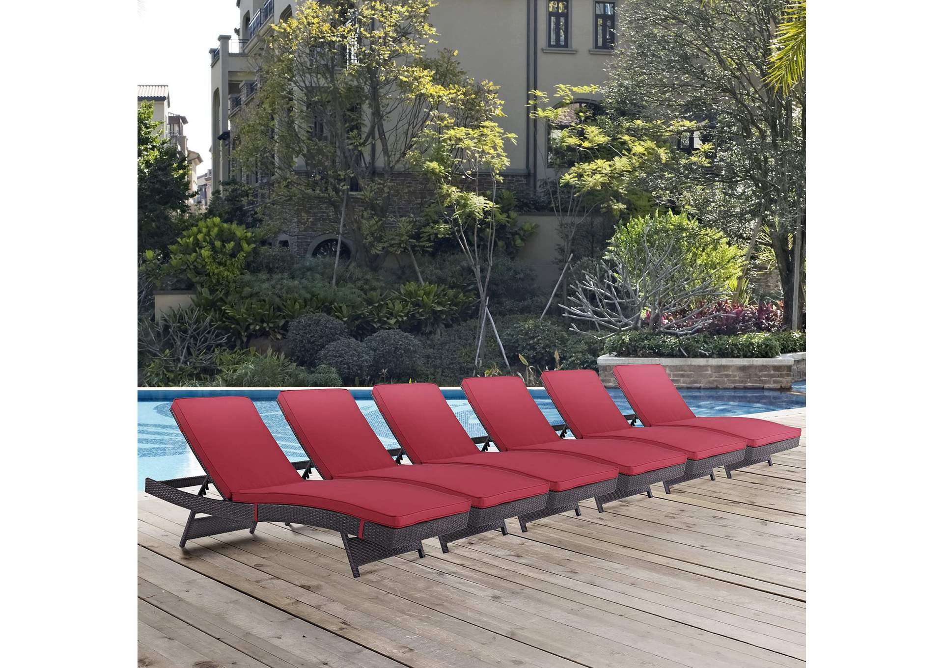 Espresso Red Convene Chaise Outdoor Patio [Set of 6],Modway