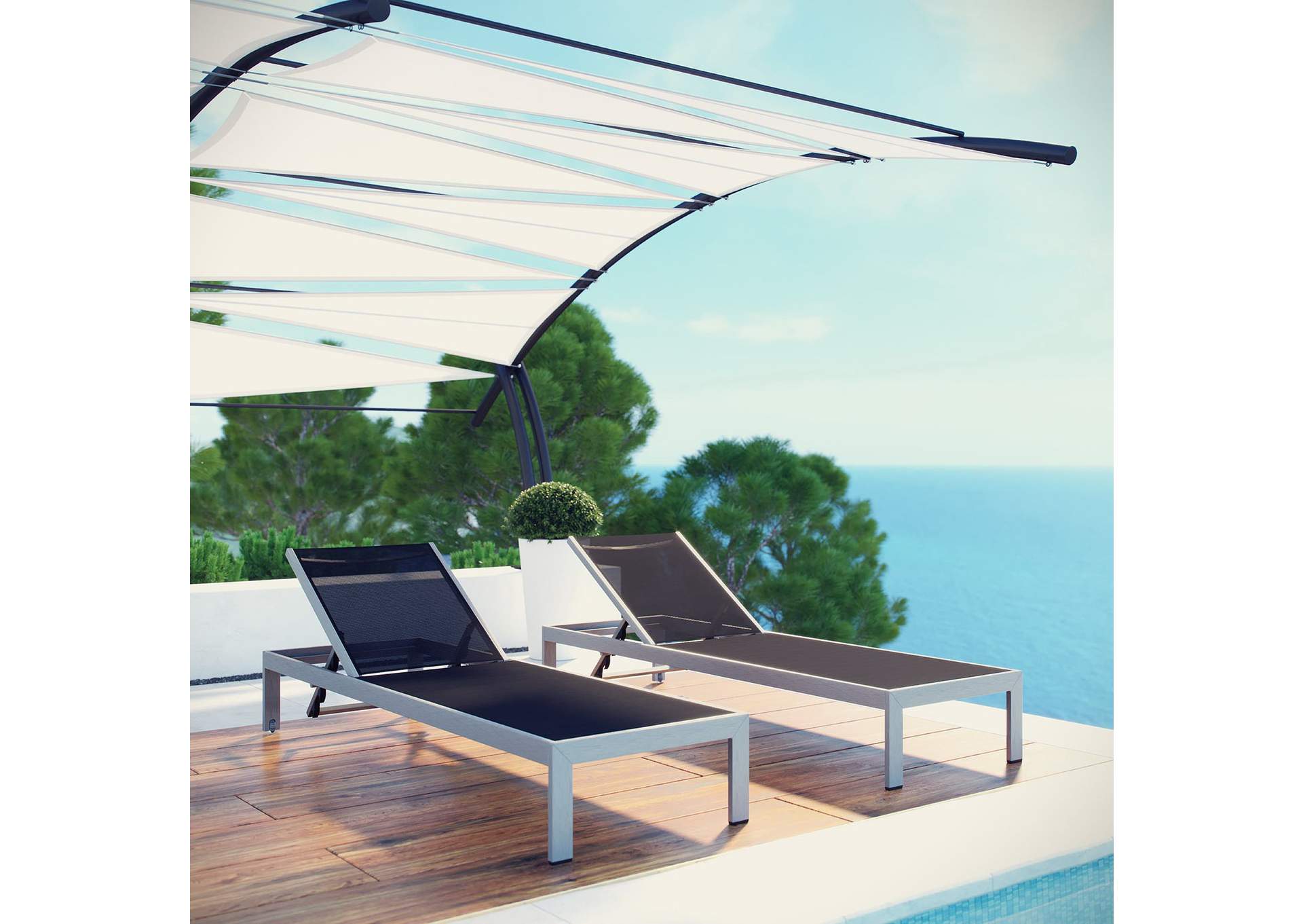 Silver Black Shore Chaise Outdoor Patio Aluminum [Set of 2],Modway
