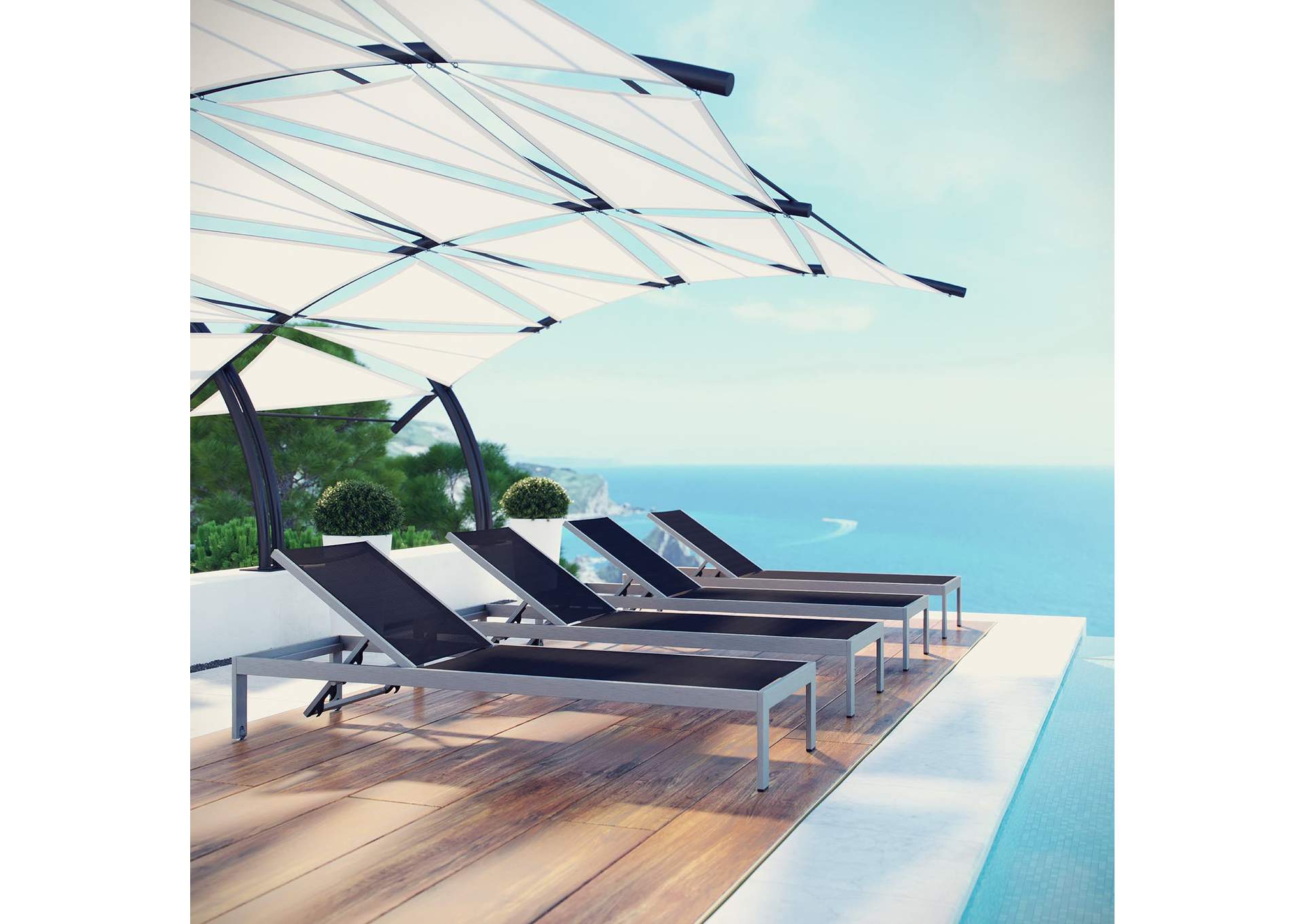Silver Black Shore Chaise Outdoor Patio Aluminum [Set of 4],Modway