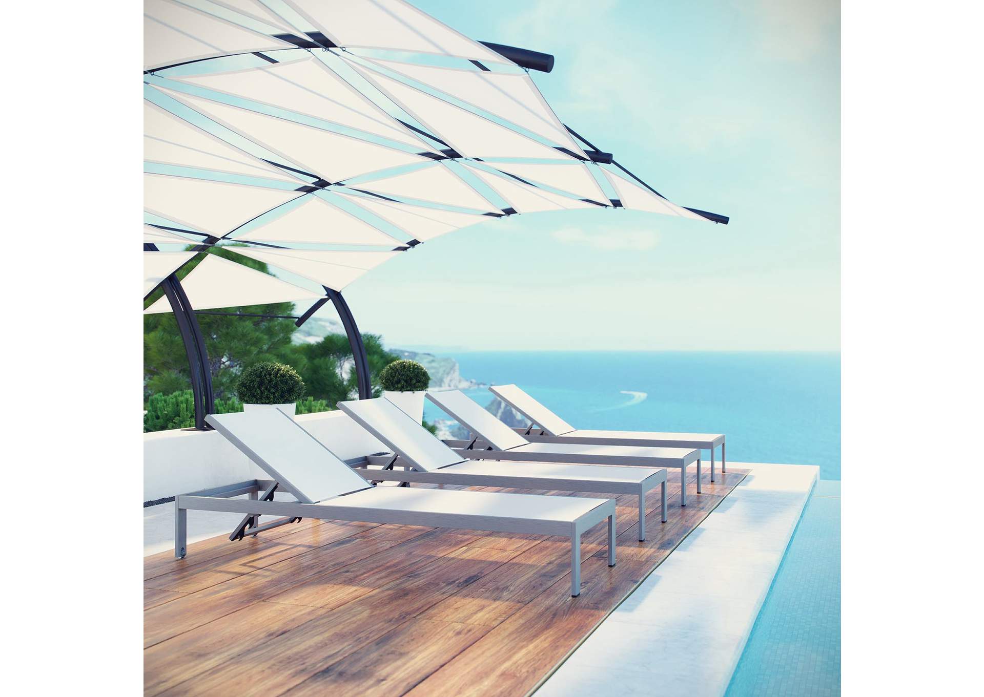 Silver White Shore Chaise Outdoor Patio Aluminum [Set of 4],Modway