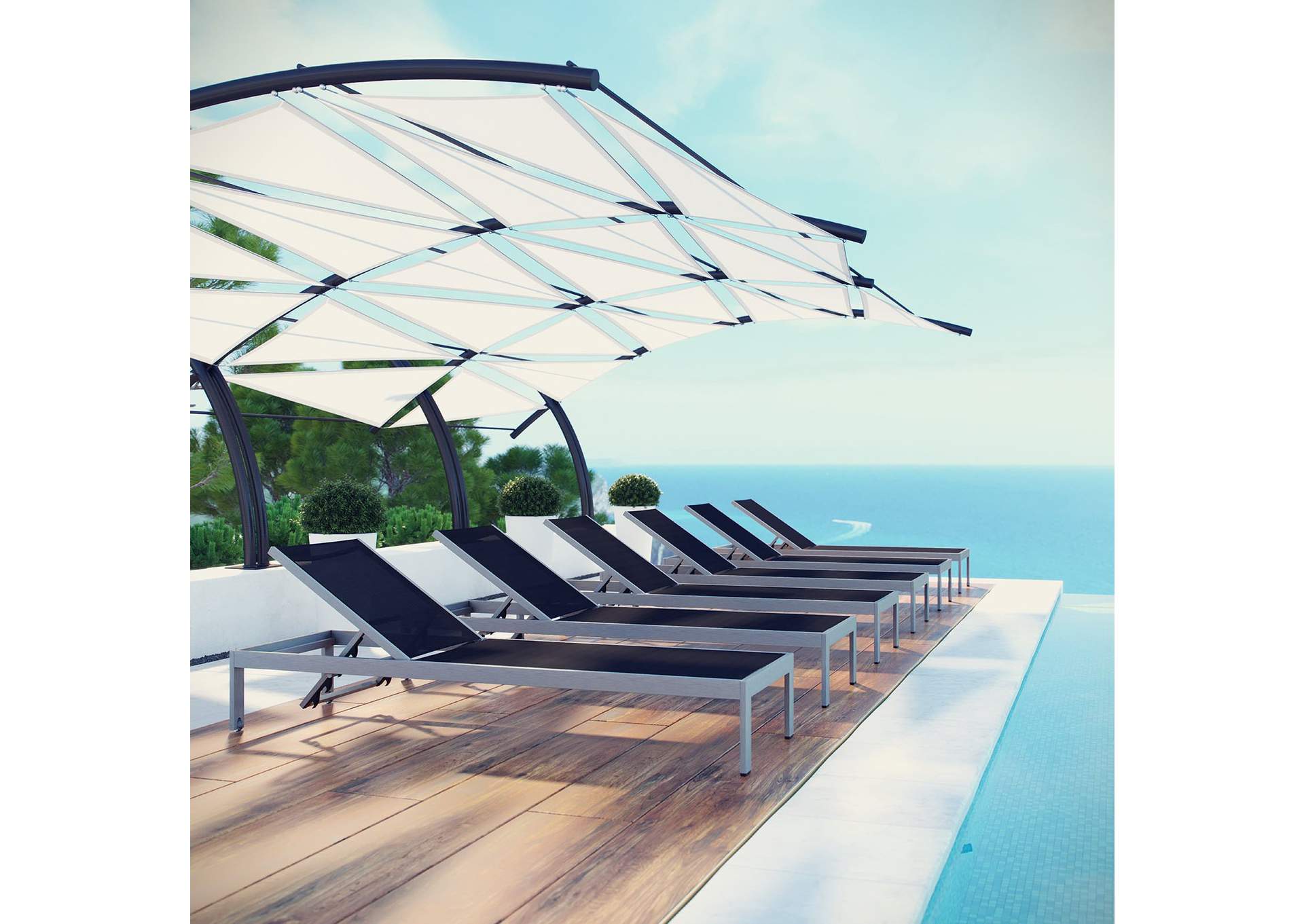 Silver Black Shore Chaise Outdoor Patio Aluminum [Set of 6],Modway