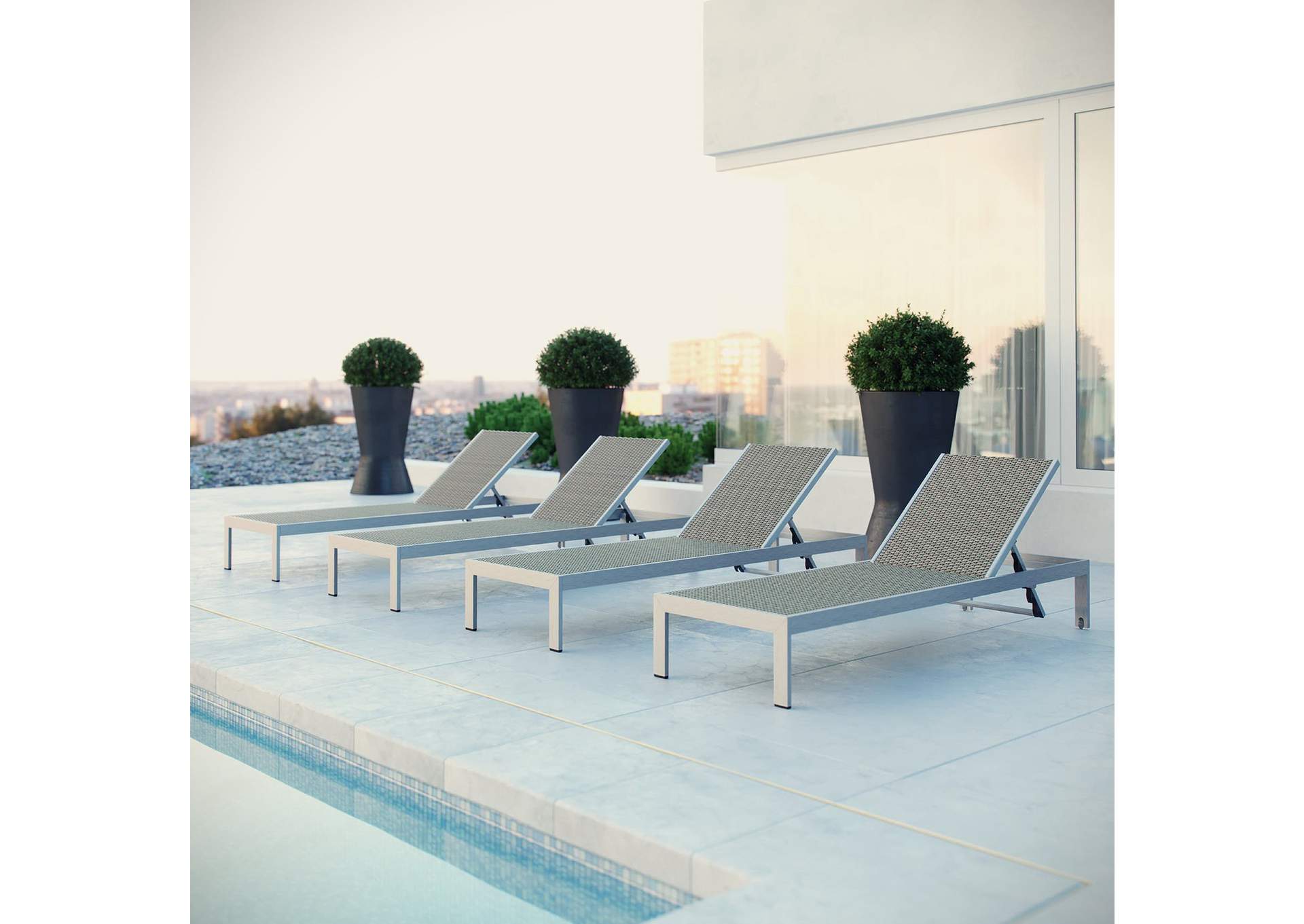 Silver Gray Shore Chaise Outdoor Patio Aluminum [Set of 4],Modway
